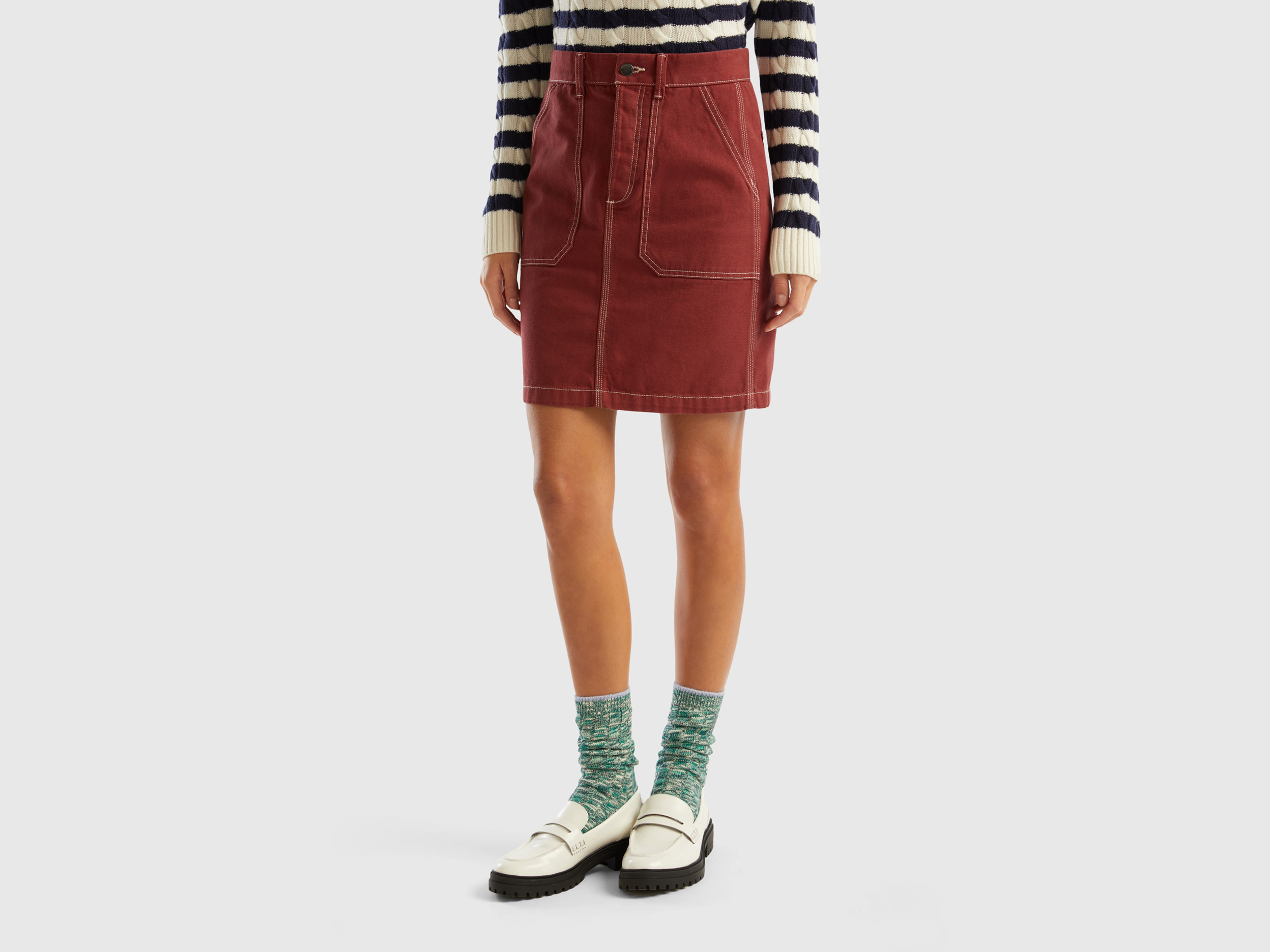 Benetton, Mini Skirt In Cotton Canvas, size 6, Burgundy, Women