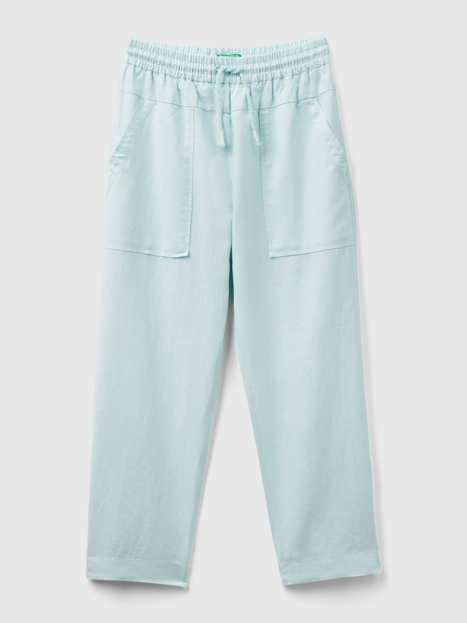 Benetton, Trousers In Linen Blend With Drawstring, Aqua, Kids
