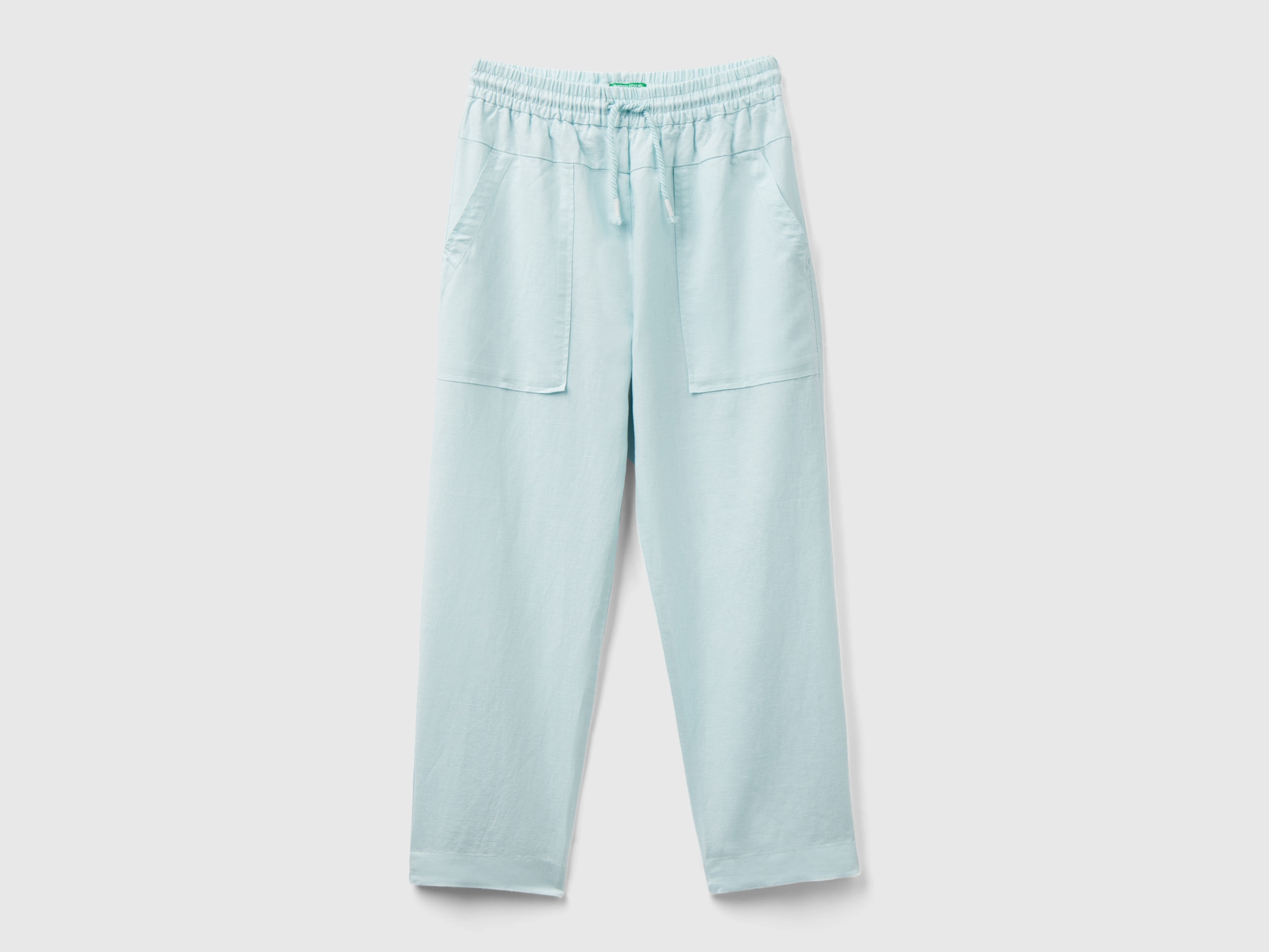 Benetton, Pantaloni Con Coulisse In Misto Lino, Verde Acqua, Bambini