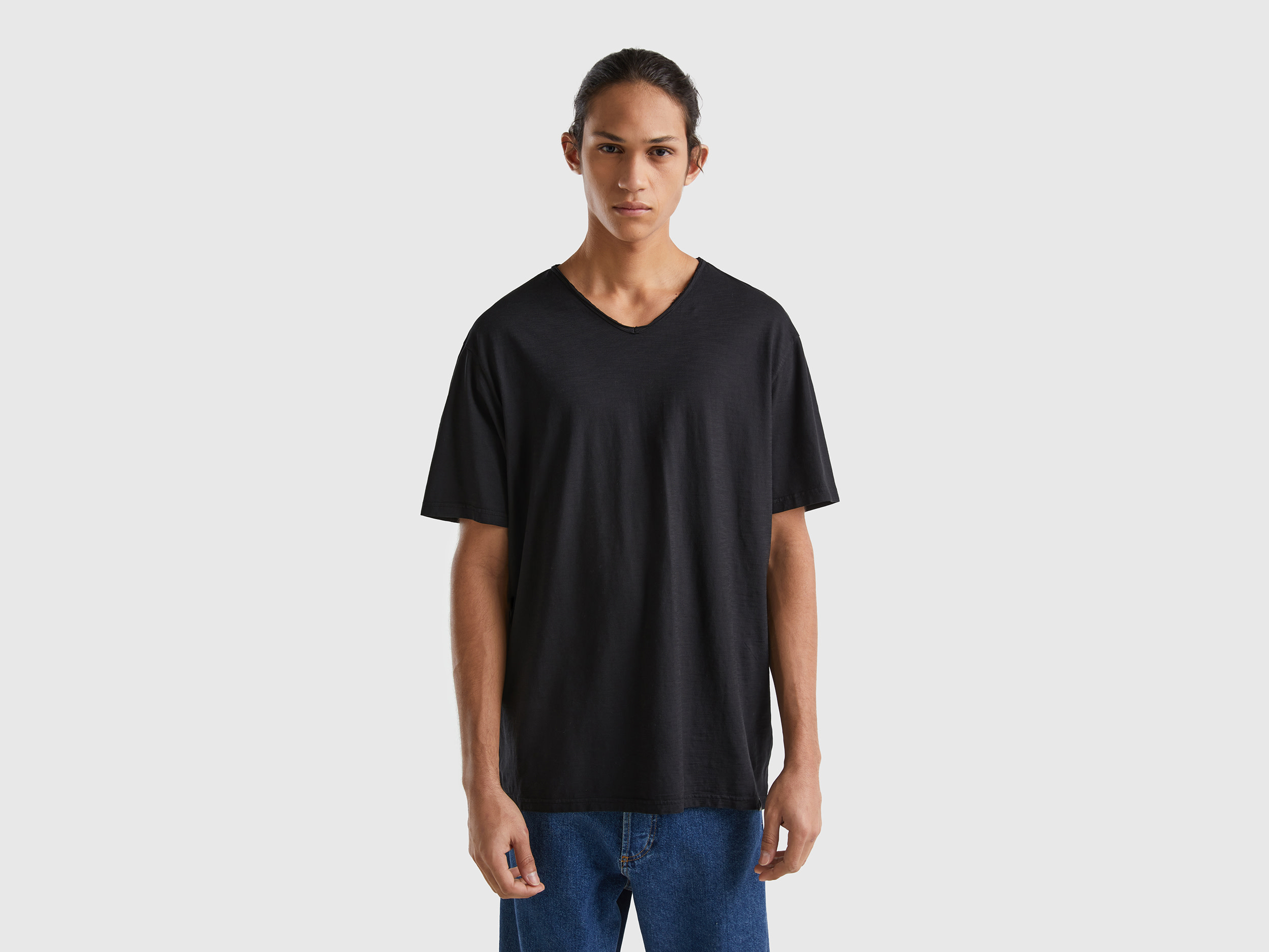 Benetton, V-neck T-shirt In 100% Cotton, size XXL, Black, Men