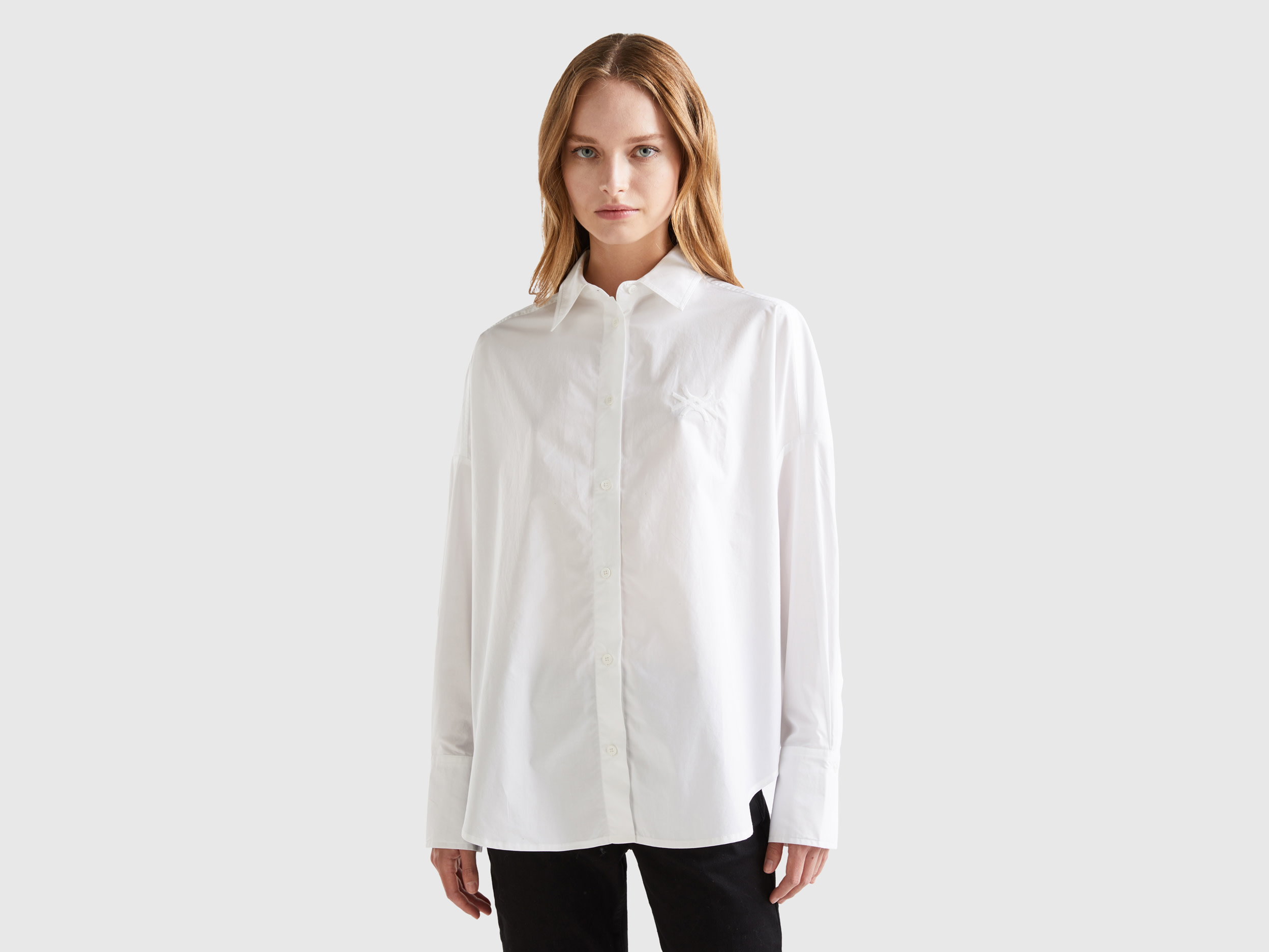 Benetton, Oversized 100% Cotton Shirt, size XS, White, Women