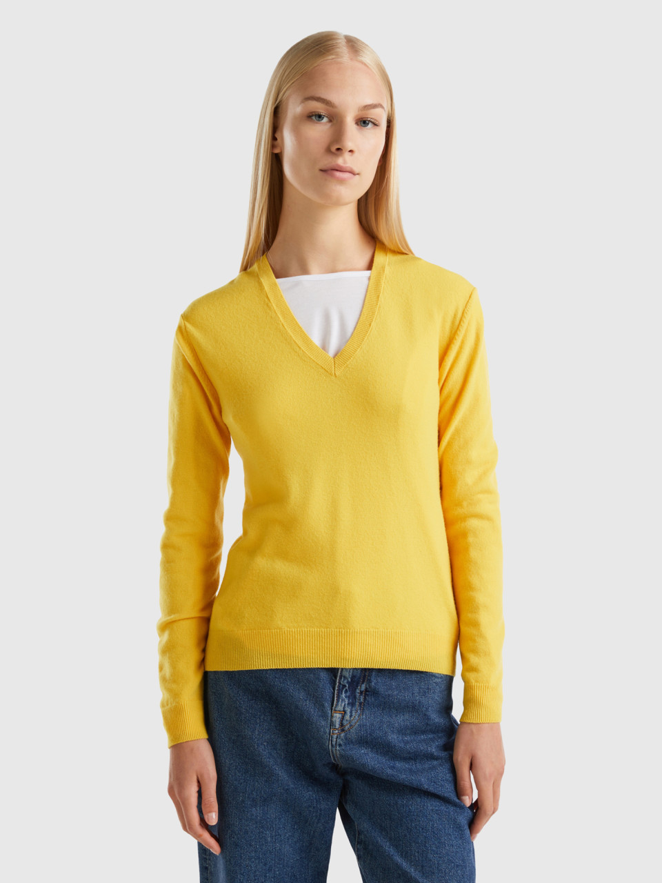 Benetton, Yellow V-neck Sweater In Pure Merino Wool, Yellow, Women