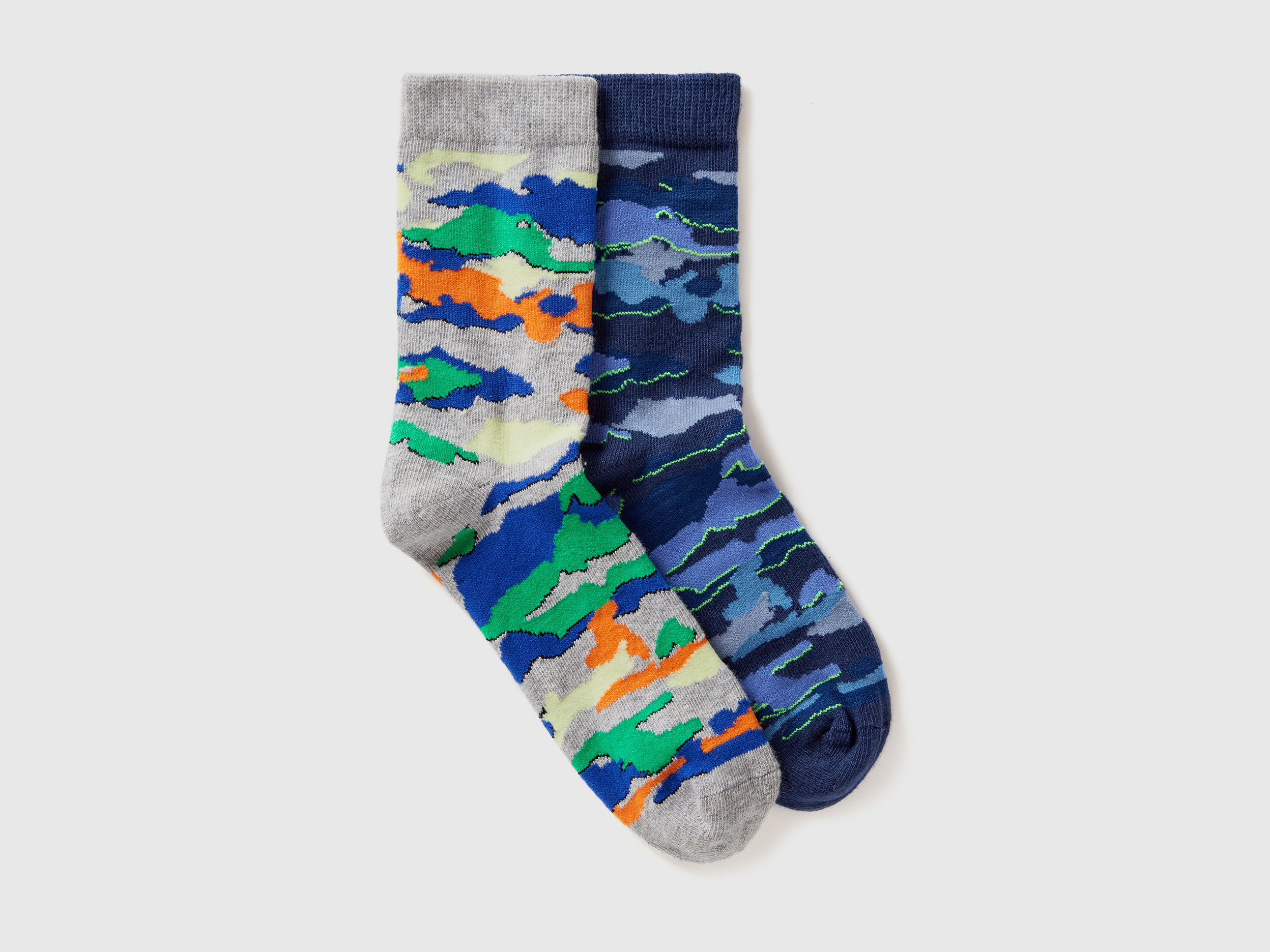 Benetton, Due Paia Di Calzini Camouflage, Multicolore, Bambini