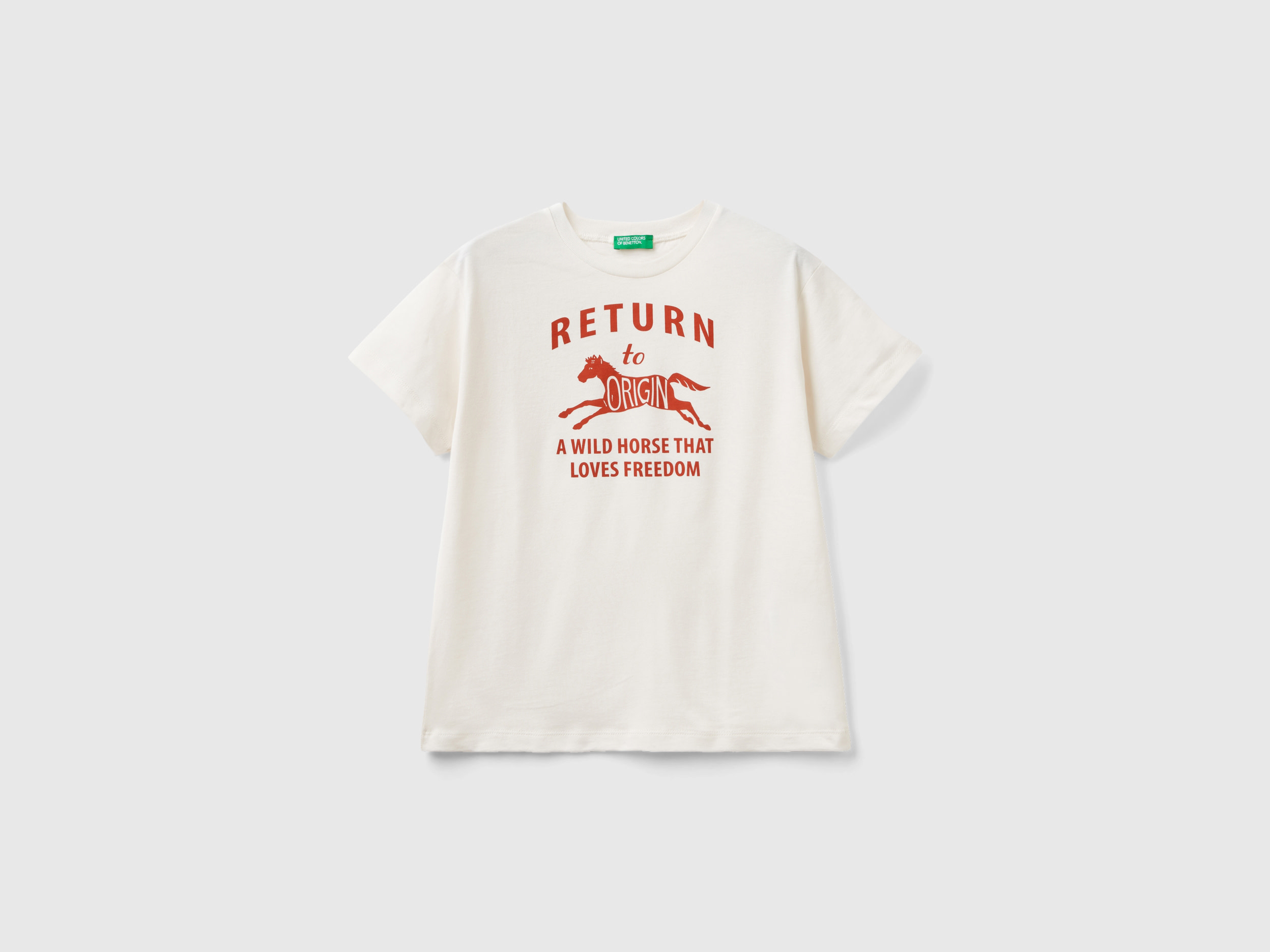 Benetton, T-shirt With Print In Organic Cotton, size S, Creamy White, Kids