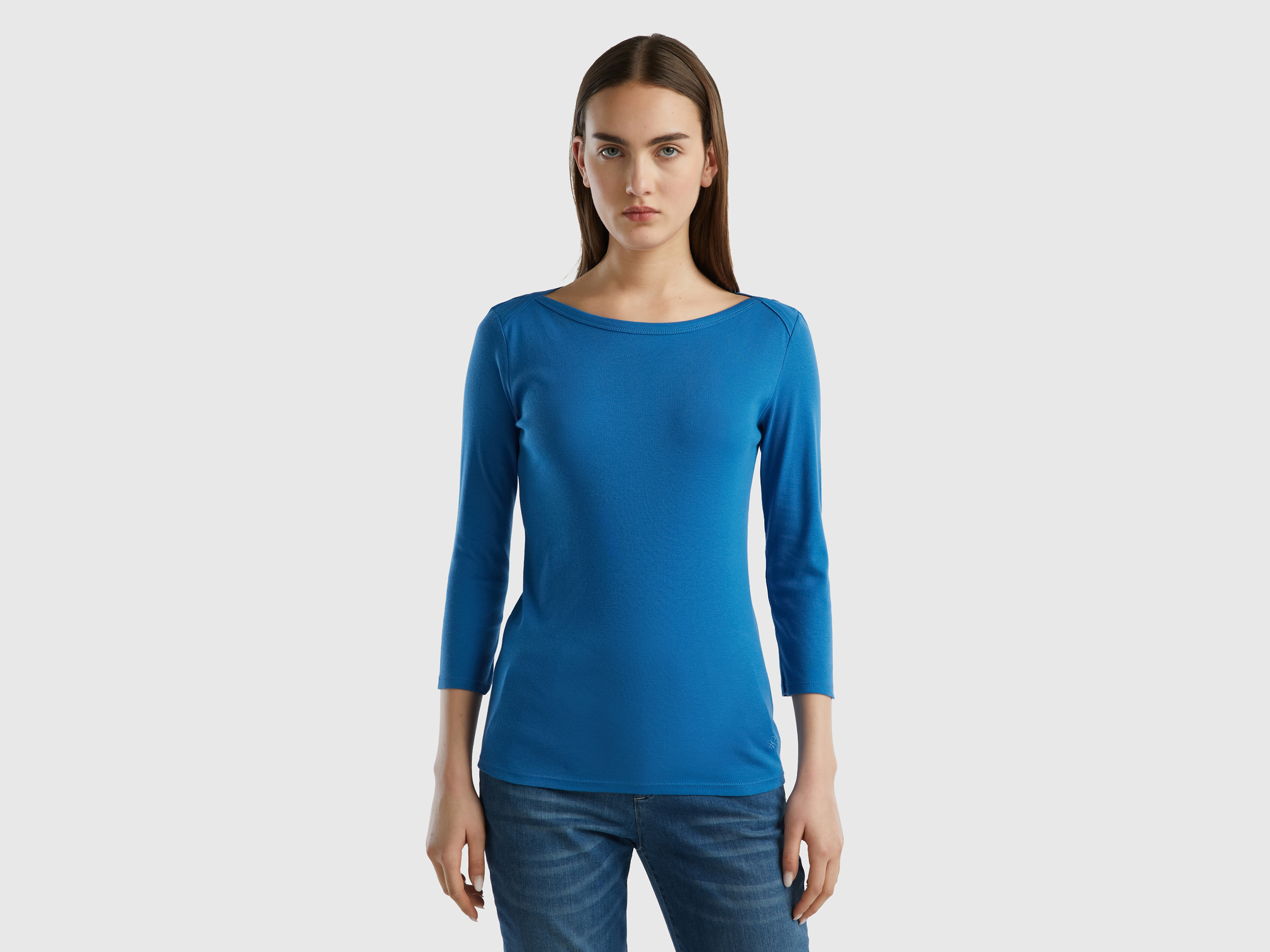 Benetton, T-shirt With Boat Neck In 100% Cotton, size S, Blue, Women