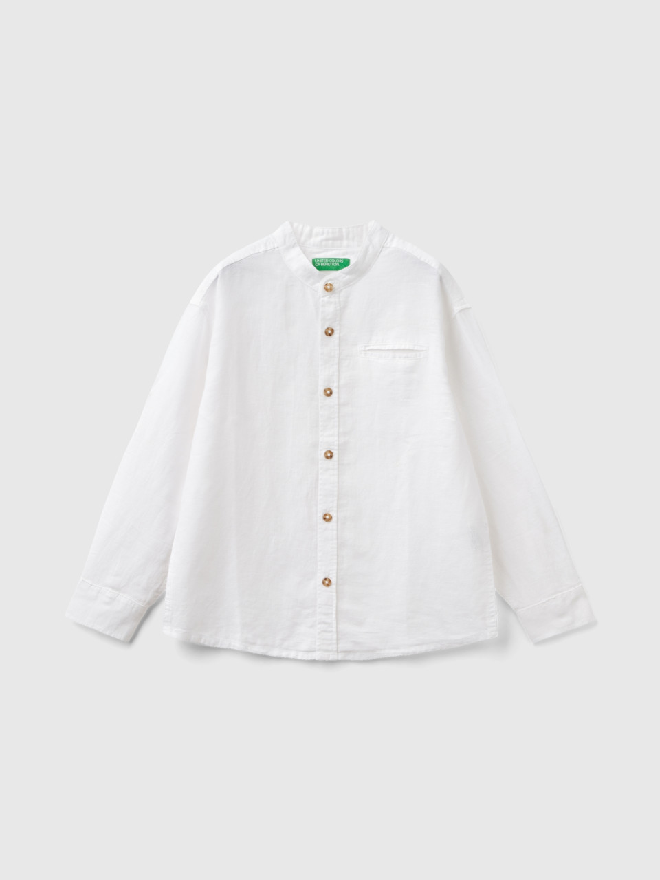 Benetton, Mandarin Collar Shirt In Linen Blend, White, Kids