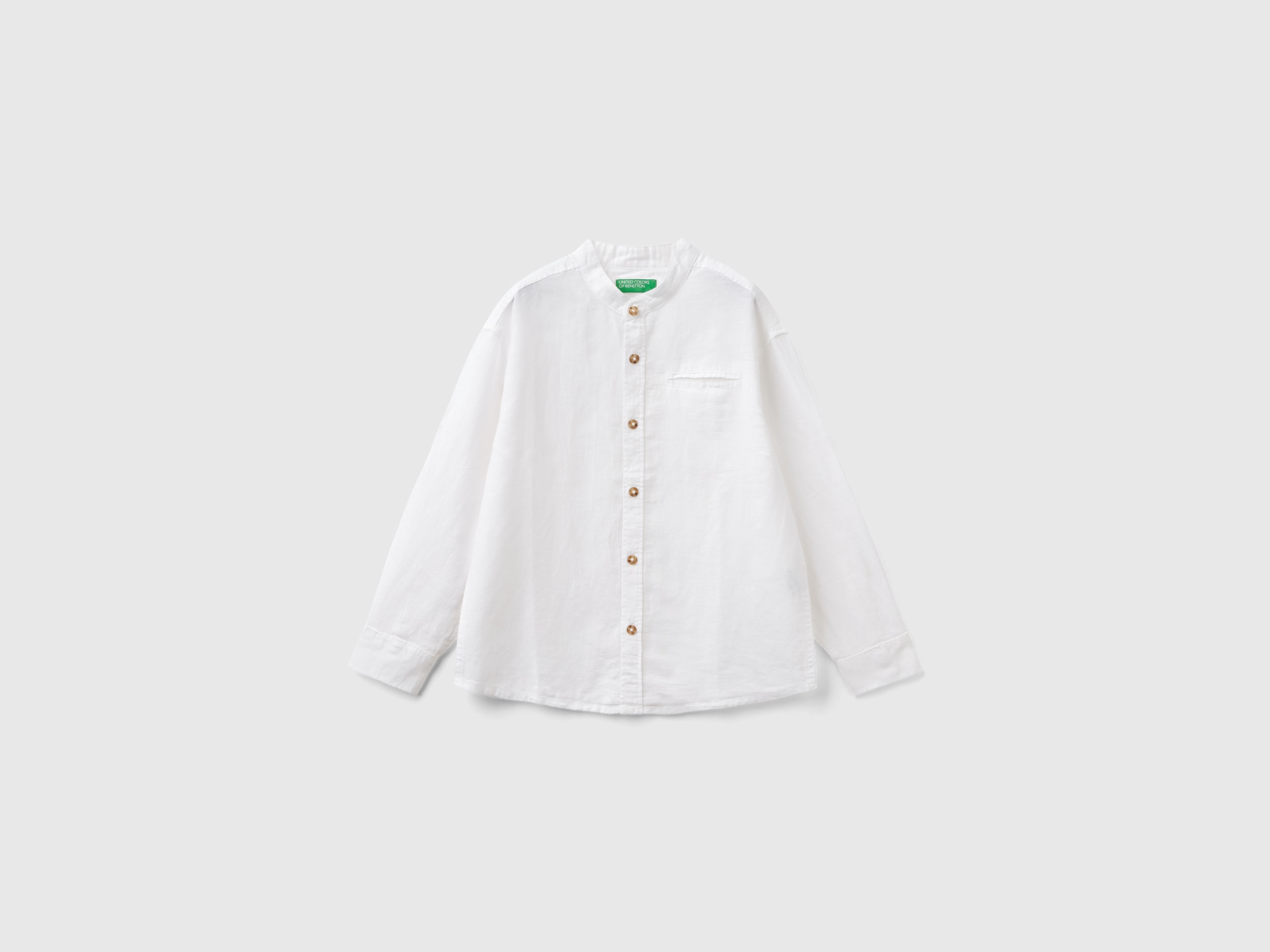Benetton, Camicia Alla Coreana In Misto Lino, Bianco, Bambini