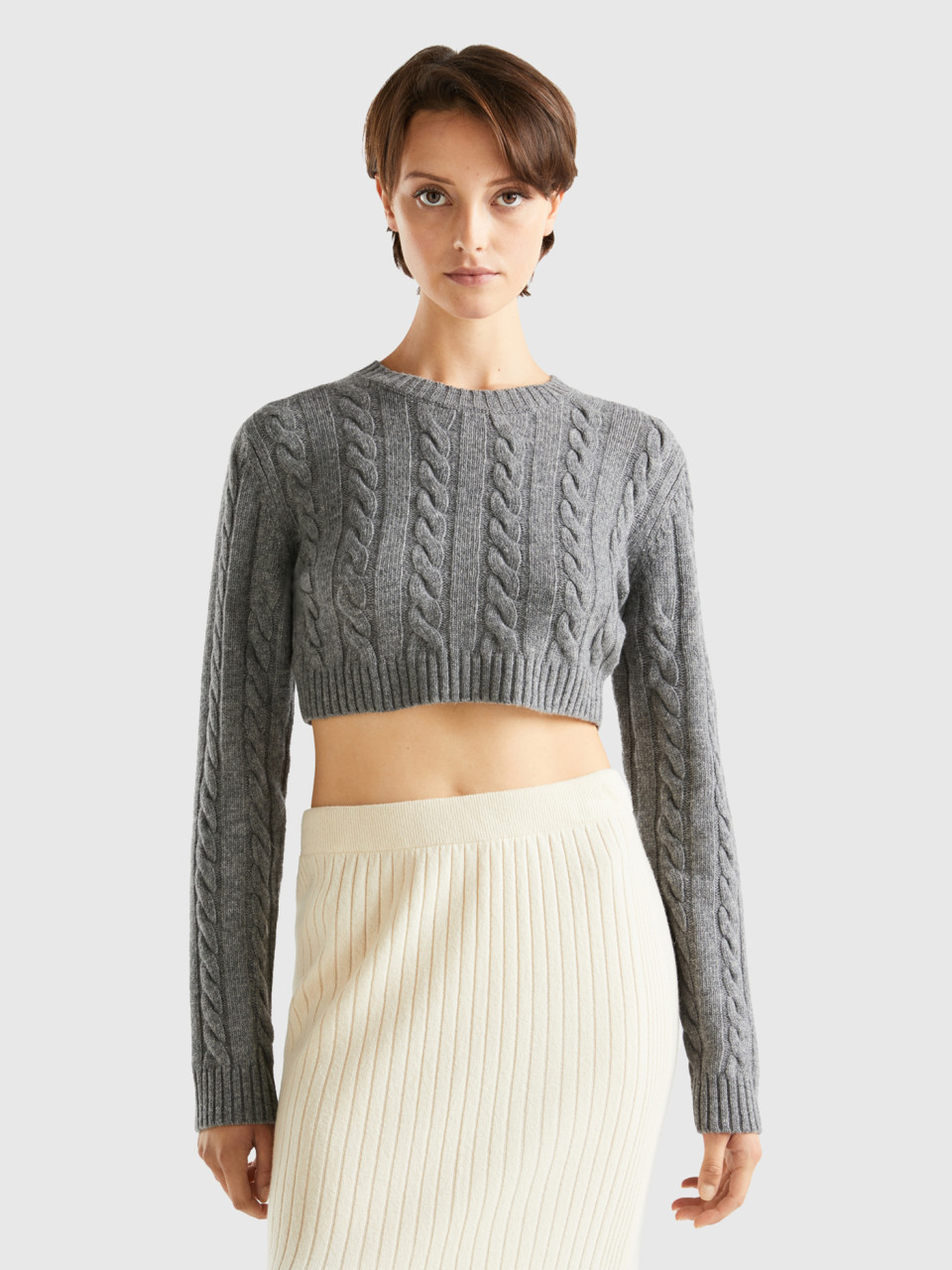Benetton, Cropped Sweater With Cables, Dark Gray, Women