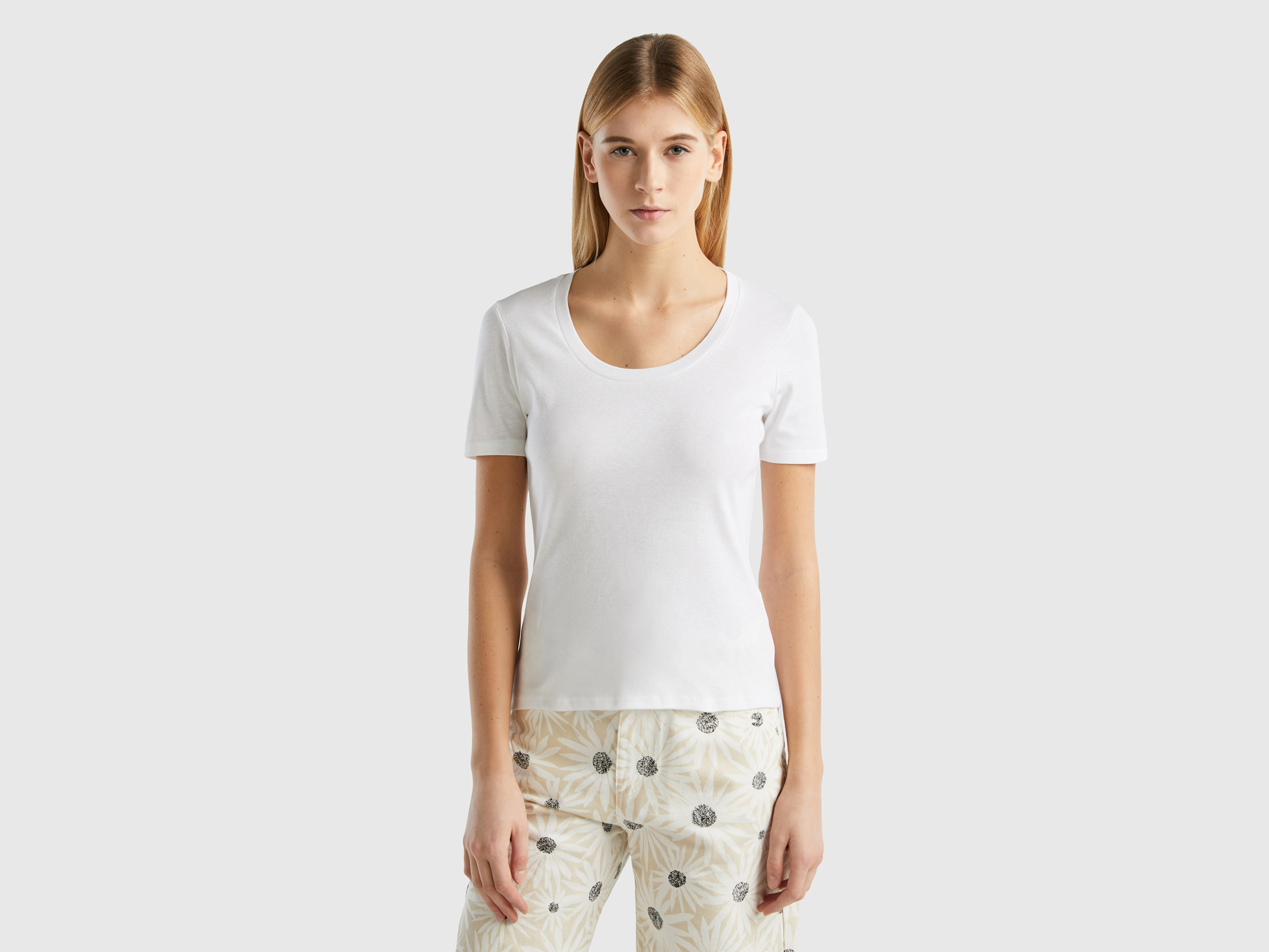 Benetton, Short Sleeve T-shirt In Long Fiber Cotton, size L, White, Women