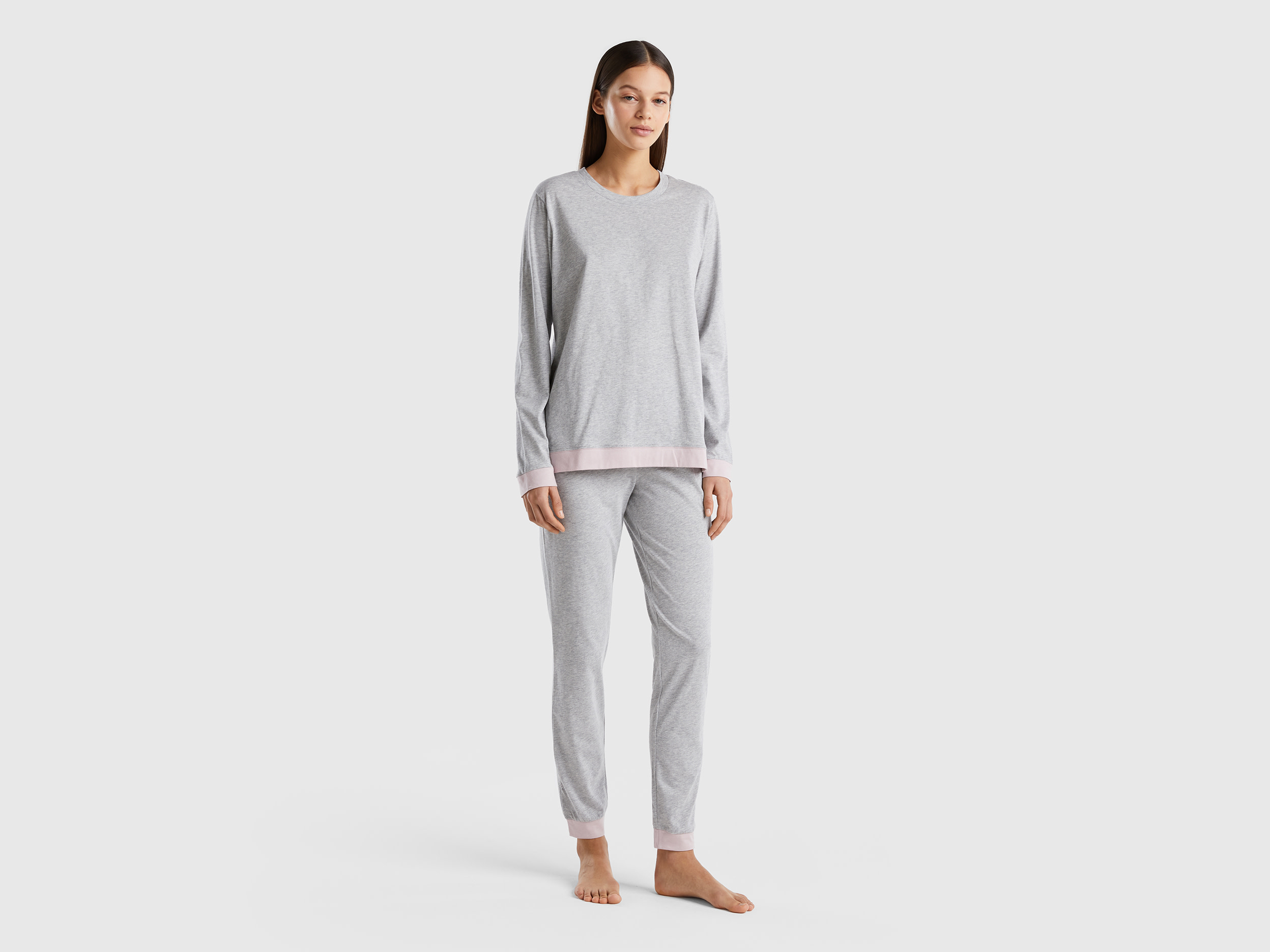 Benetton, Pyjamas In Long Fiber Cotton, size S, Light Gray, Women