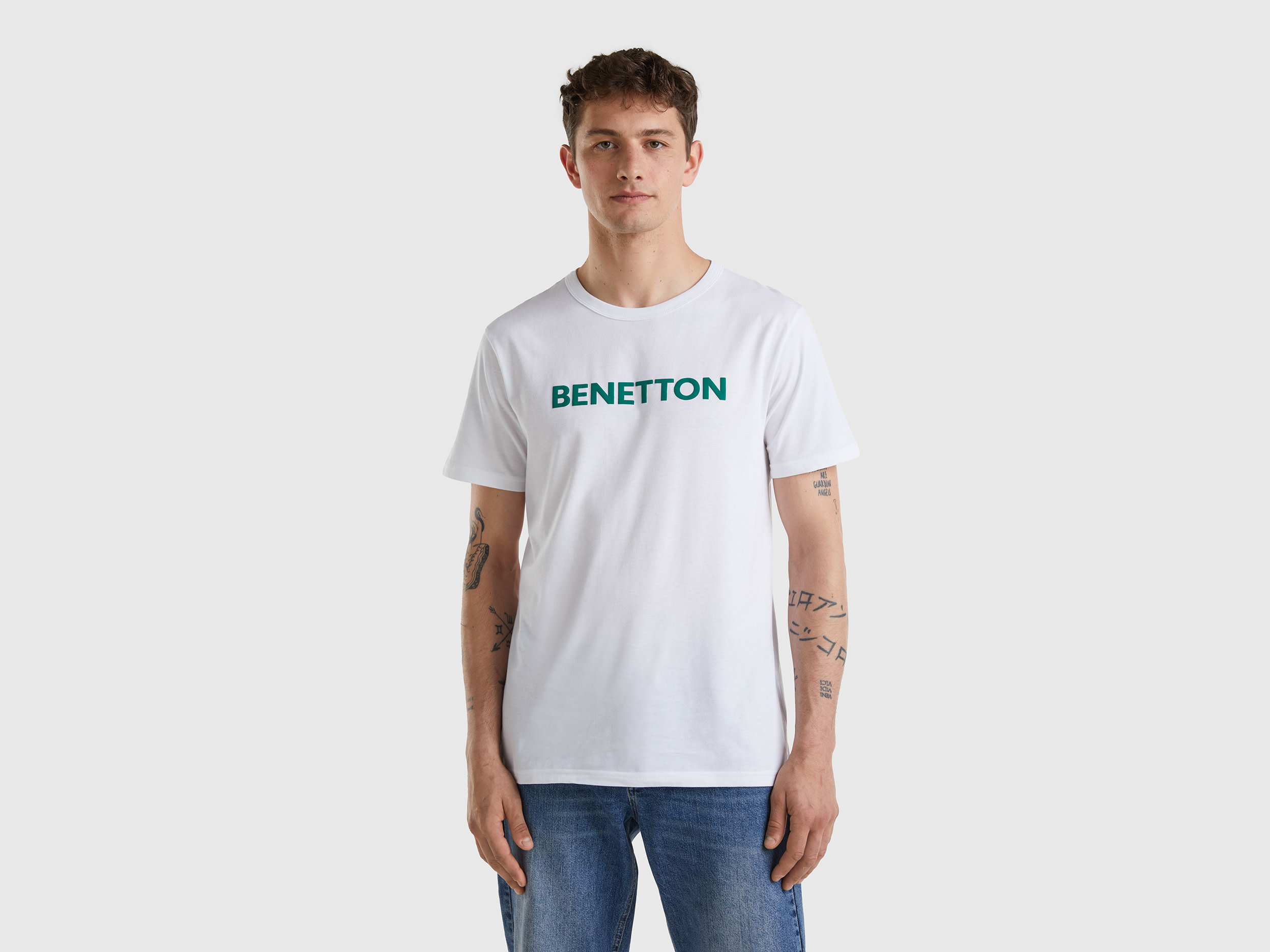 Benetton, White T-shirt In Organic Cotton With Green Logo, size L, White, Men