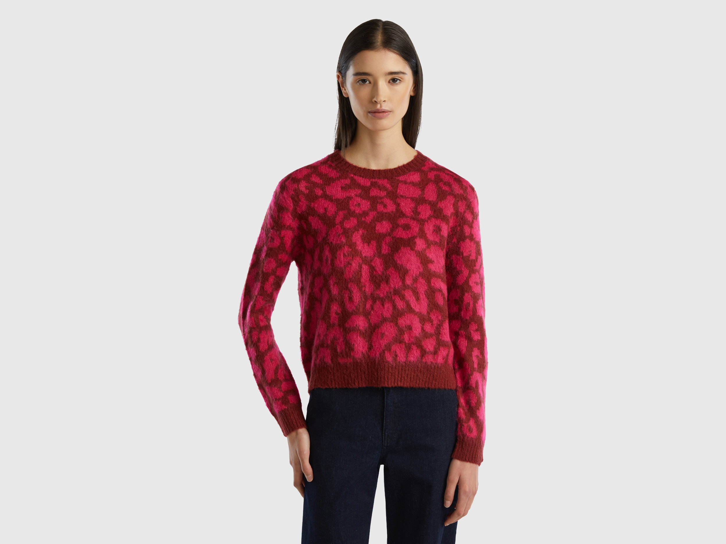 Benetton, Animal Print Sweater In Mohair Blend, size XL, Red, Women