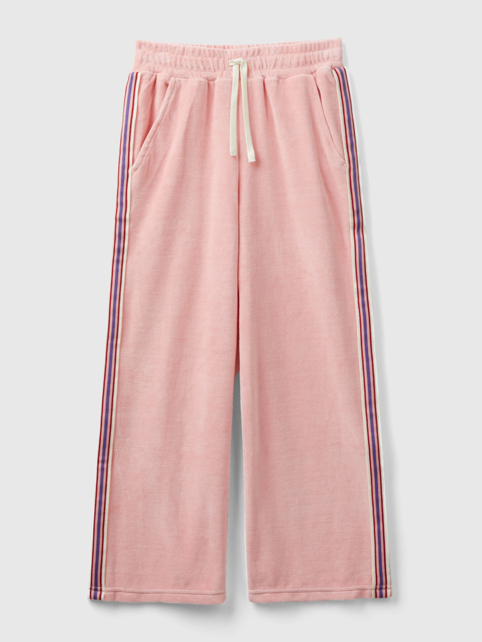 Benetton, Chenille Trousers With Striped Bands, Pink, Kids