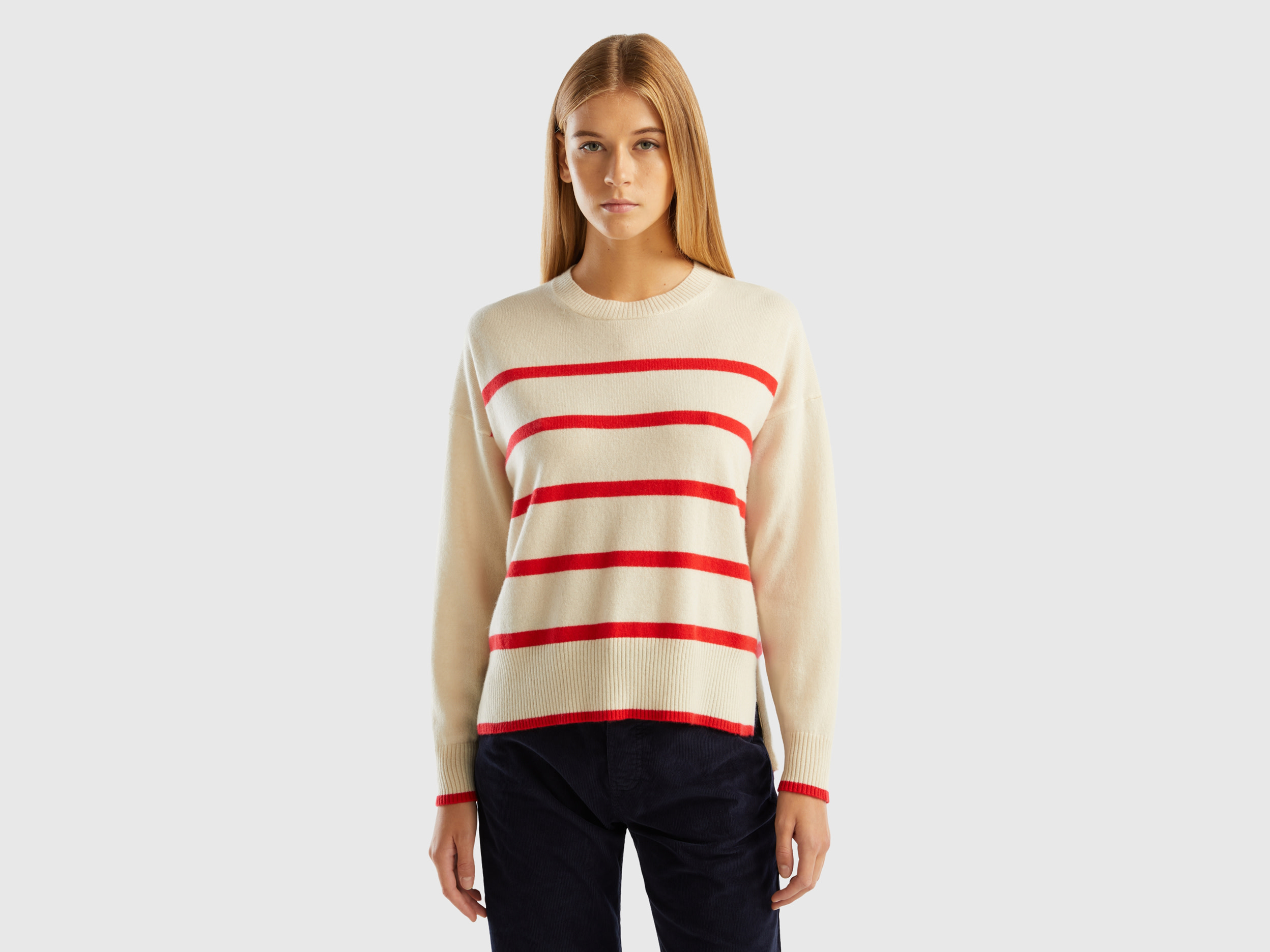 Benetton, Striped Sweater In Pure Cashmere, size M, Creamy White, Women