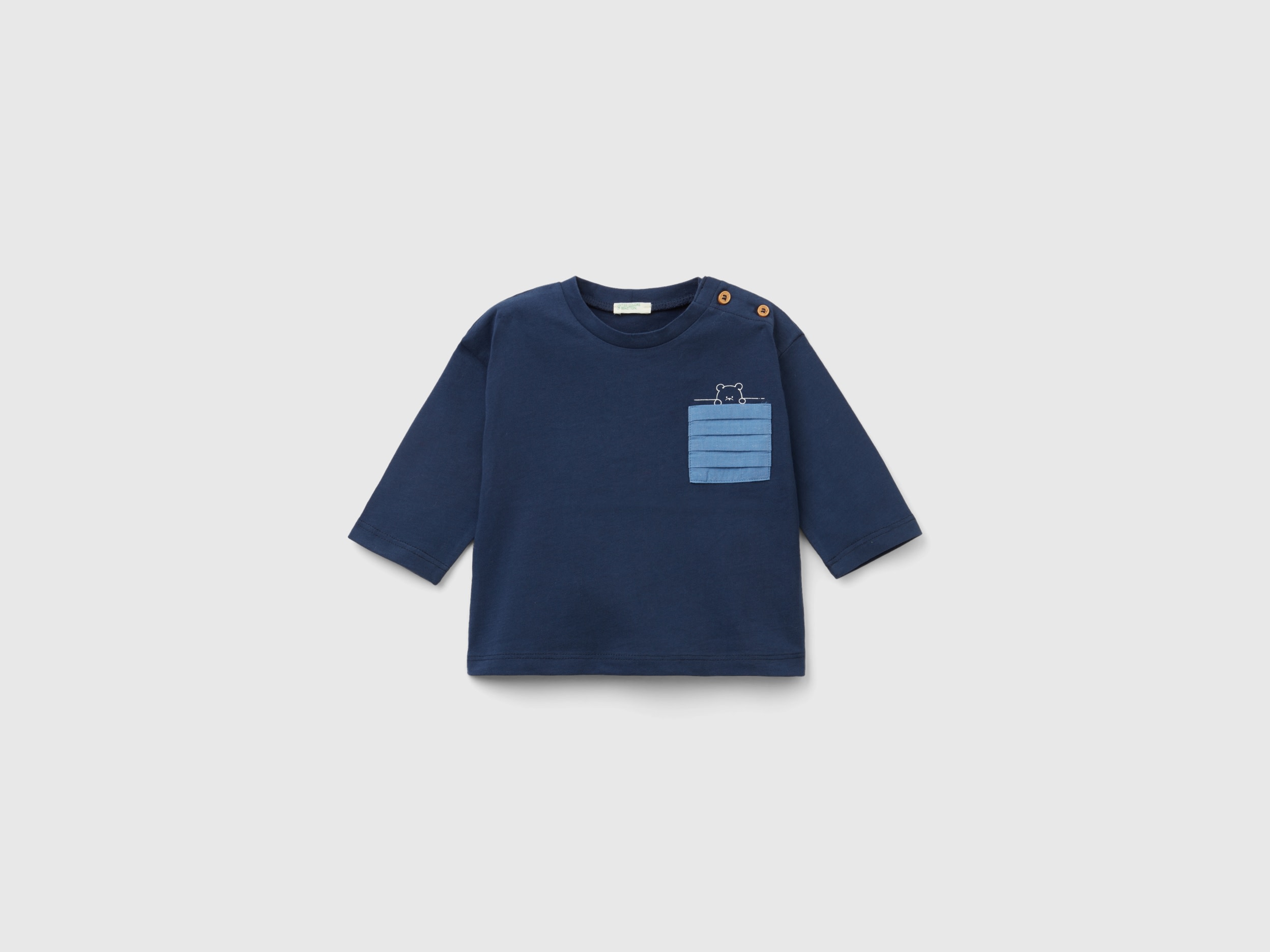 Benetton, T-shirt With Pleated Pocket, size 1-3, Dark Blue, Kids