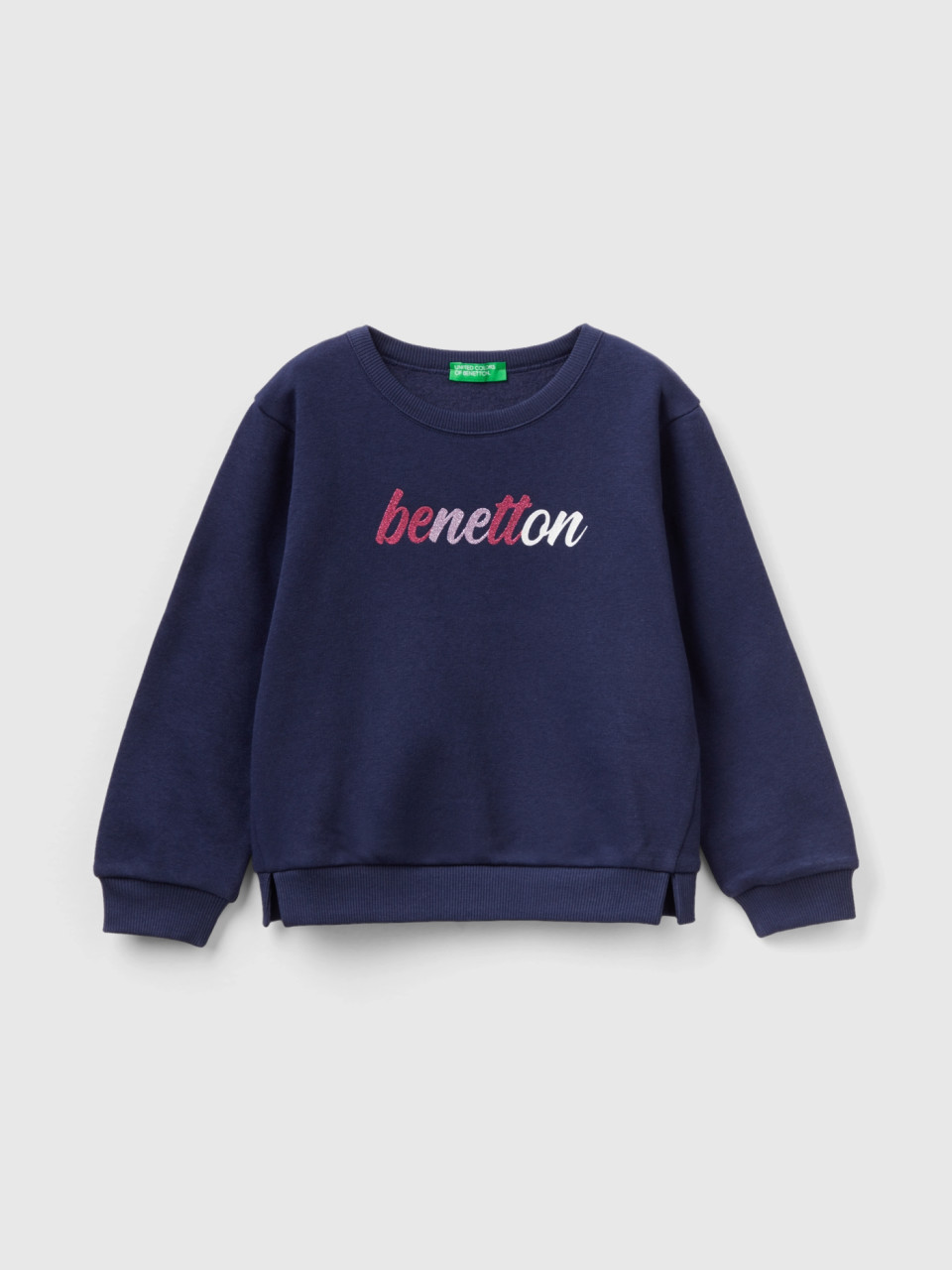 Benetton, Pullover Sweatshirt With Glittery Print, Dark Blue, Kids