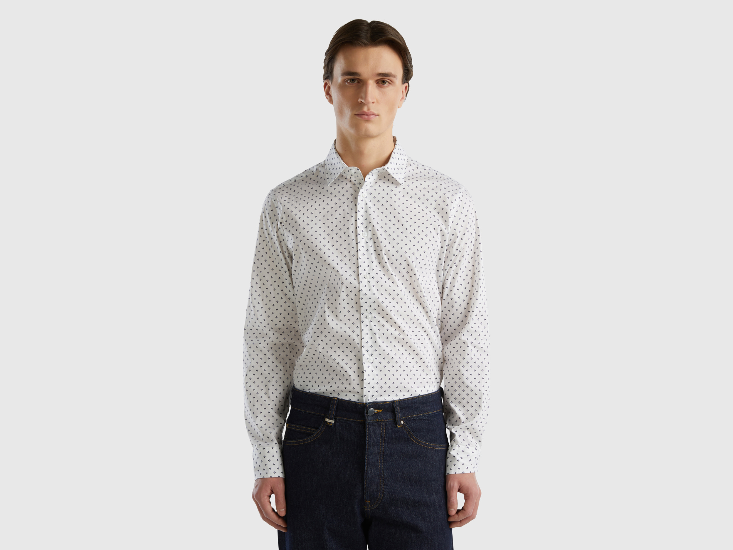 Benetton, Slim Fit Micro-patterned Shirt, size XXL, White, Men