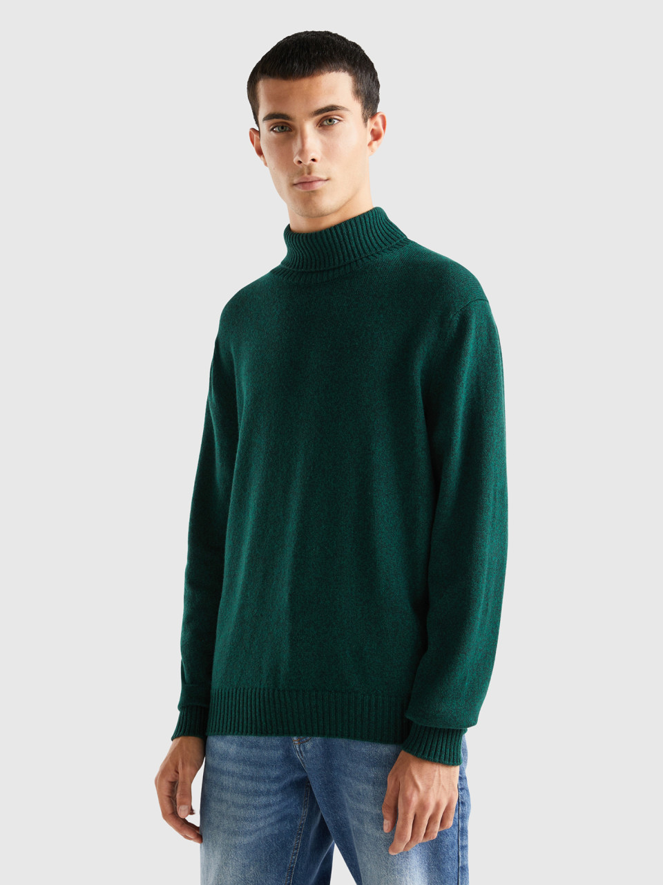 Benetton, Turtleneck Sweater In Cashmere And Wool Blend, Dark Green, Men