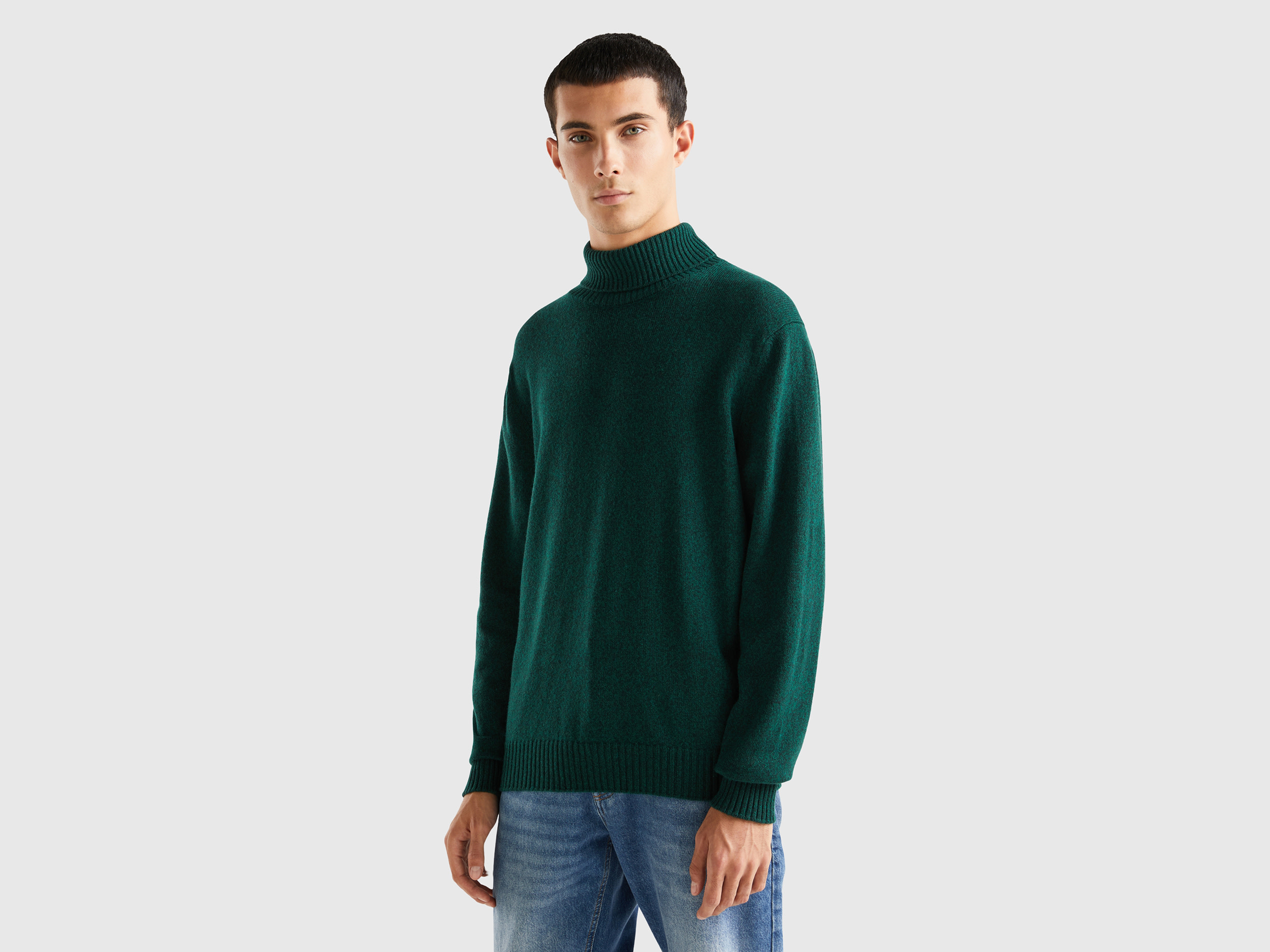 Benetton, Turtleneck Sweater In Cashmere And Wool Blend, size XXL, Dark Green, Men