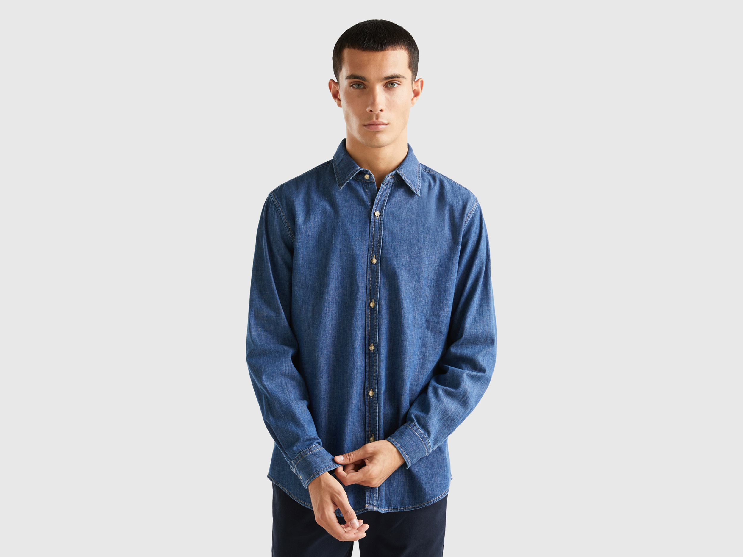 Benetton, Jean Shirt In 100% Cotton, size S, Dark Blue, Men