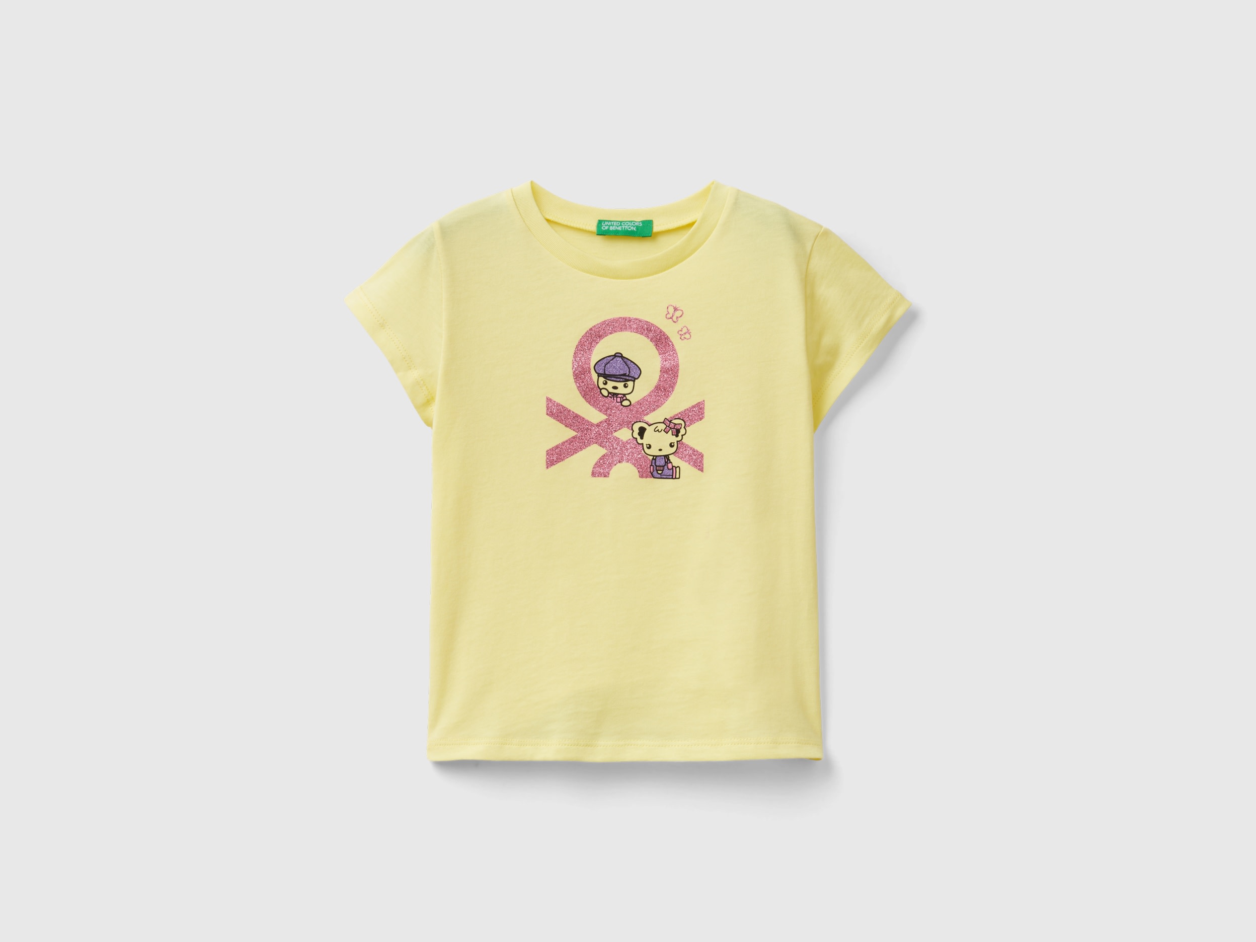 Benetton, T-shirt With Print In Organic Cotton, size 5-6, Yellow, Kids