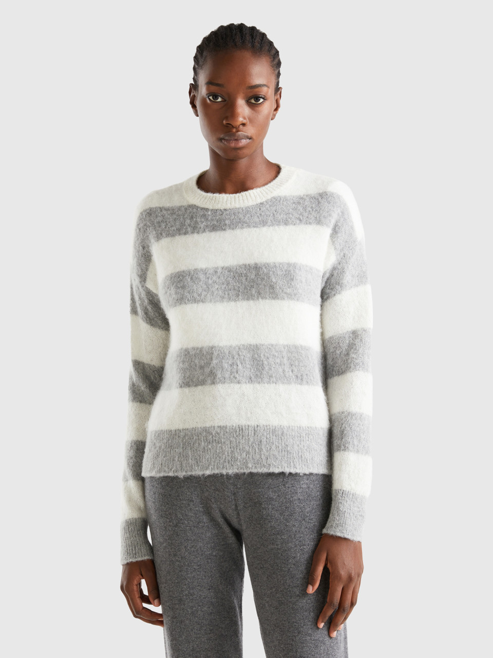 Benetton, Striped Sweater In Alpaca Blend, Light Gray, Women