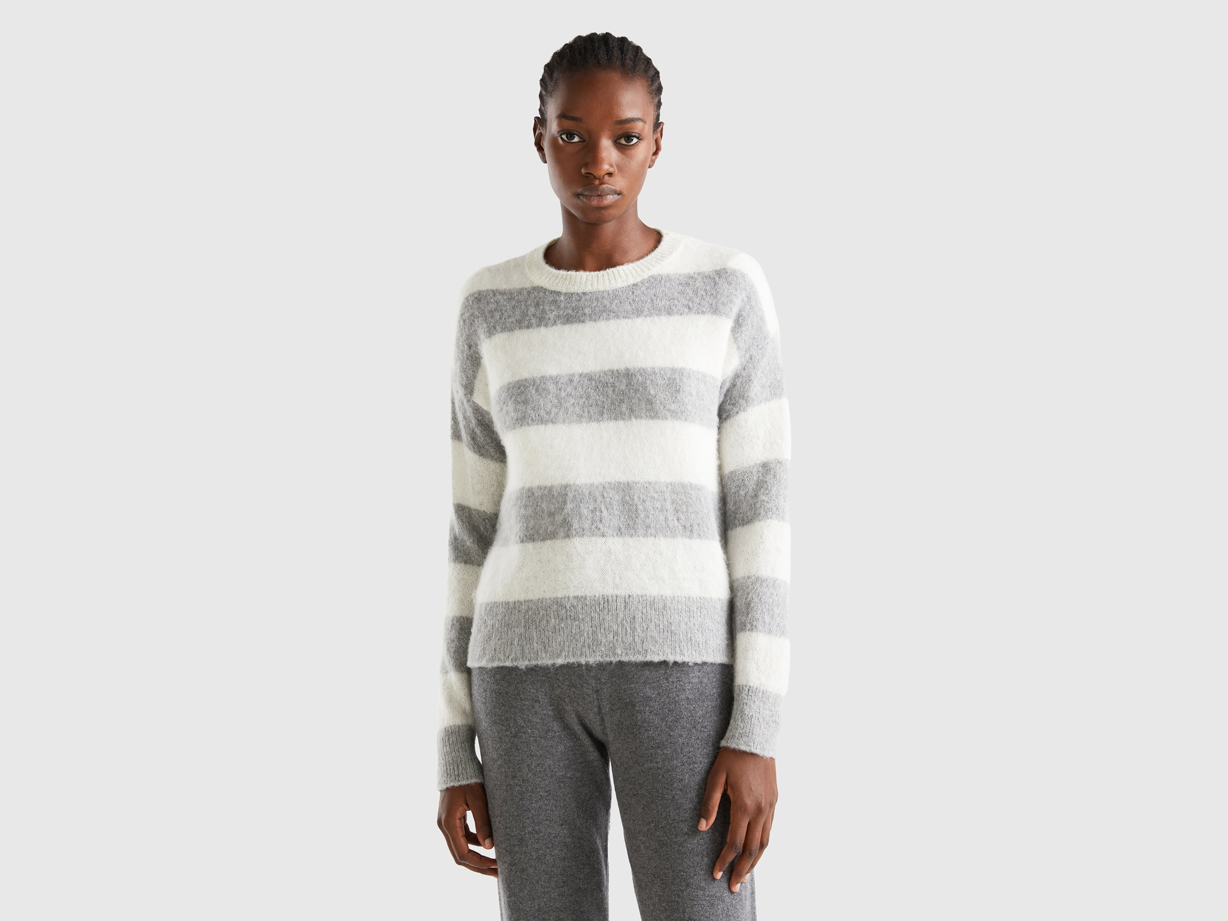 Benetton, Striped Sweater In Alpaca Blend, size XL, Light Gray, Women