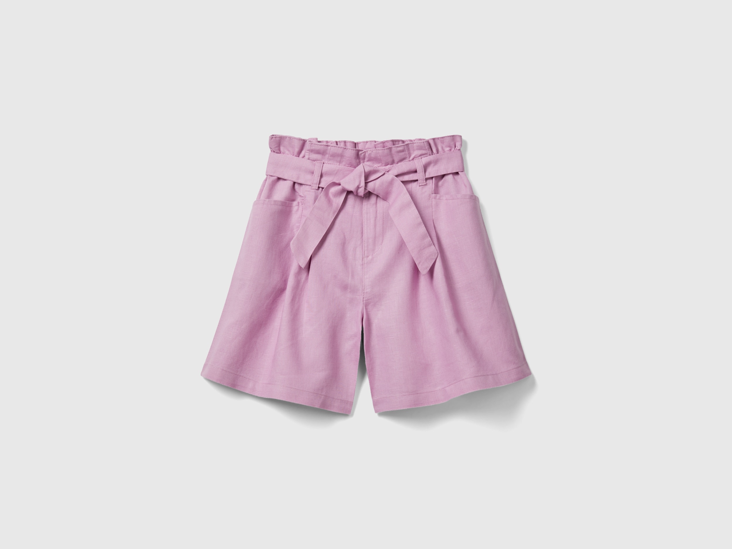 Benetton, Bermuda Paperbag In Misto Lino, Lilla, Bambini