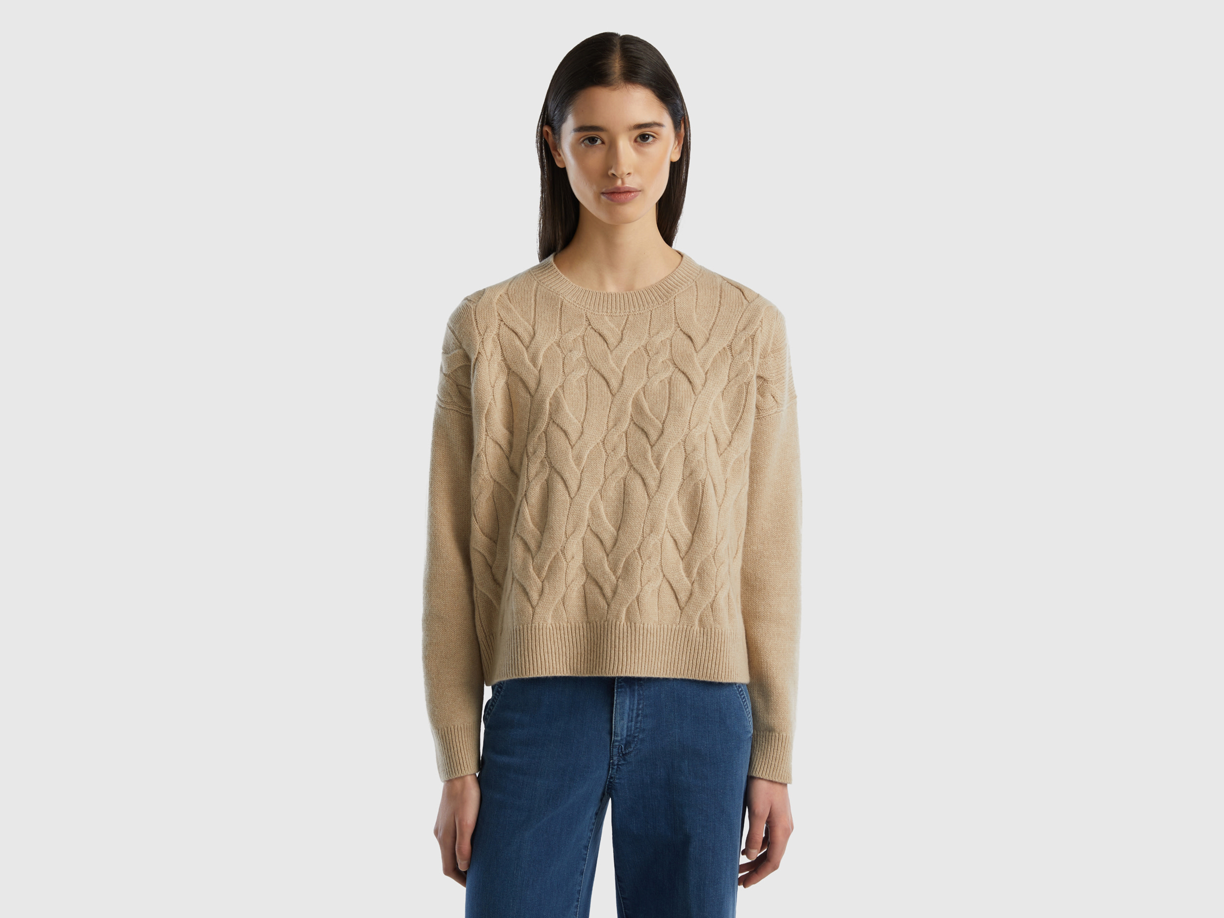 Benetton, Knit Sweater In Pure Cashmere, size S, Beige, Women