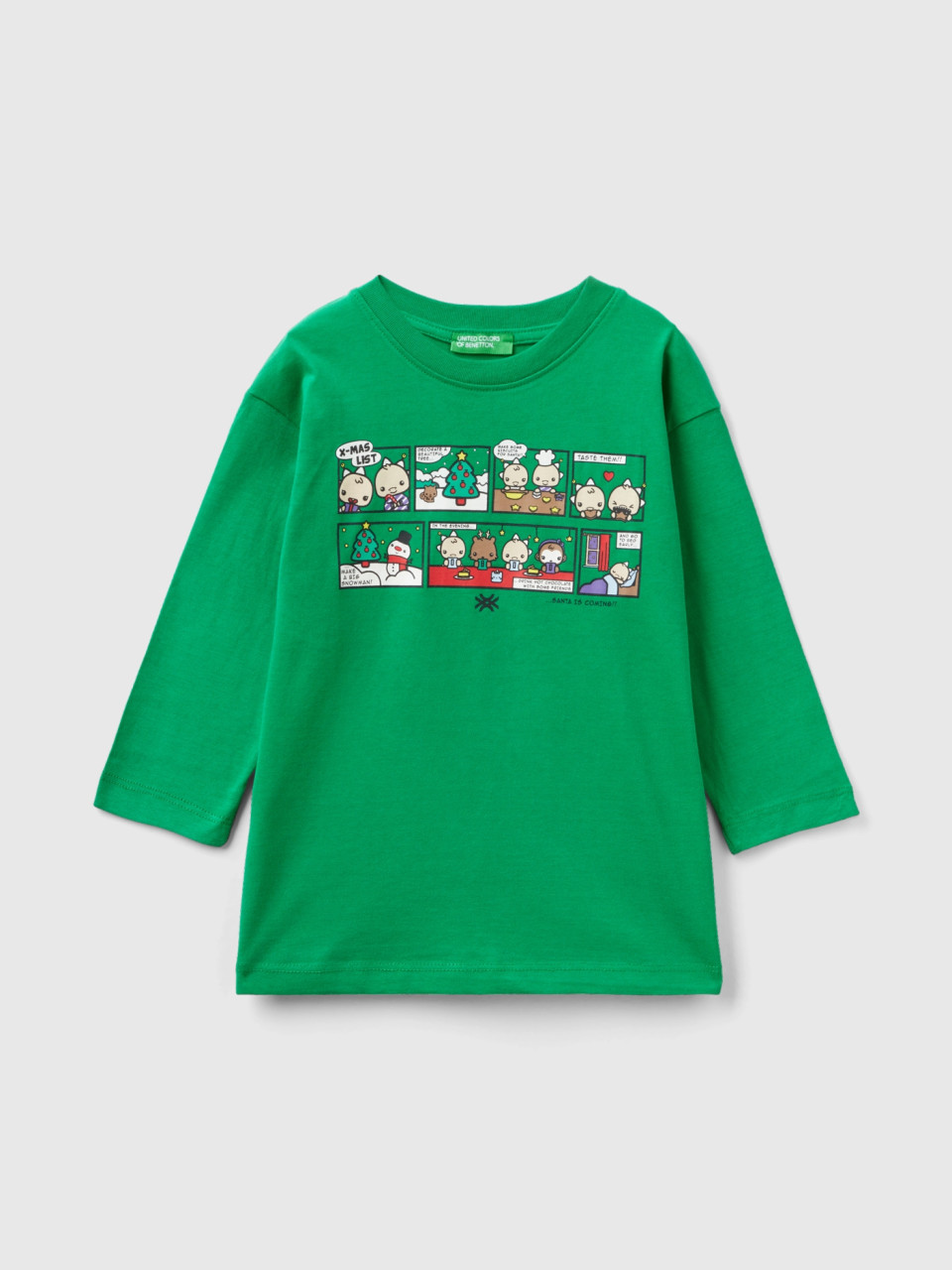 Benetton, Warm T-shirt With Christmas Print, Green, Kids