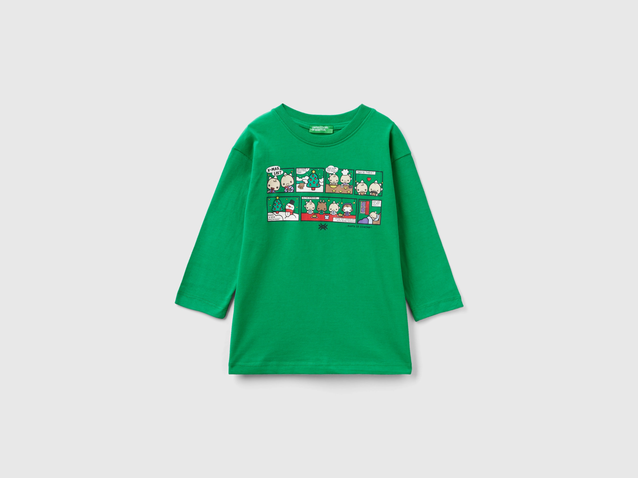 Benetton, Warm T-shirt With Christmas Print, size 12-18, Green, Kids