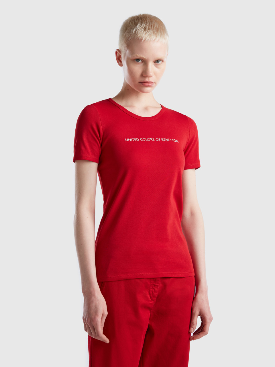 Benetton, T-shirt 100% Coton Avec Logo Imprimé Pailleté, Rouge, Femme