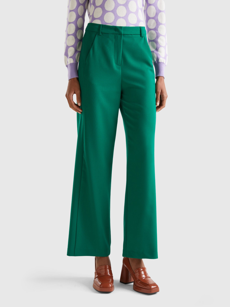 Benetton, Flowy Trousers With Tapered Leg, Green, Women