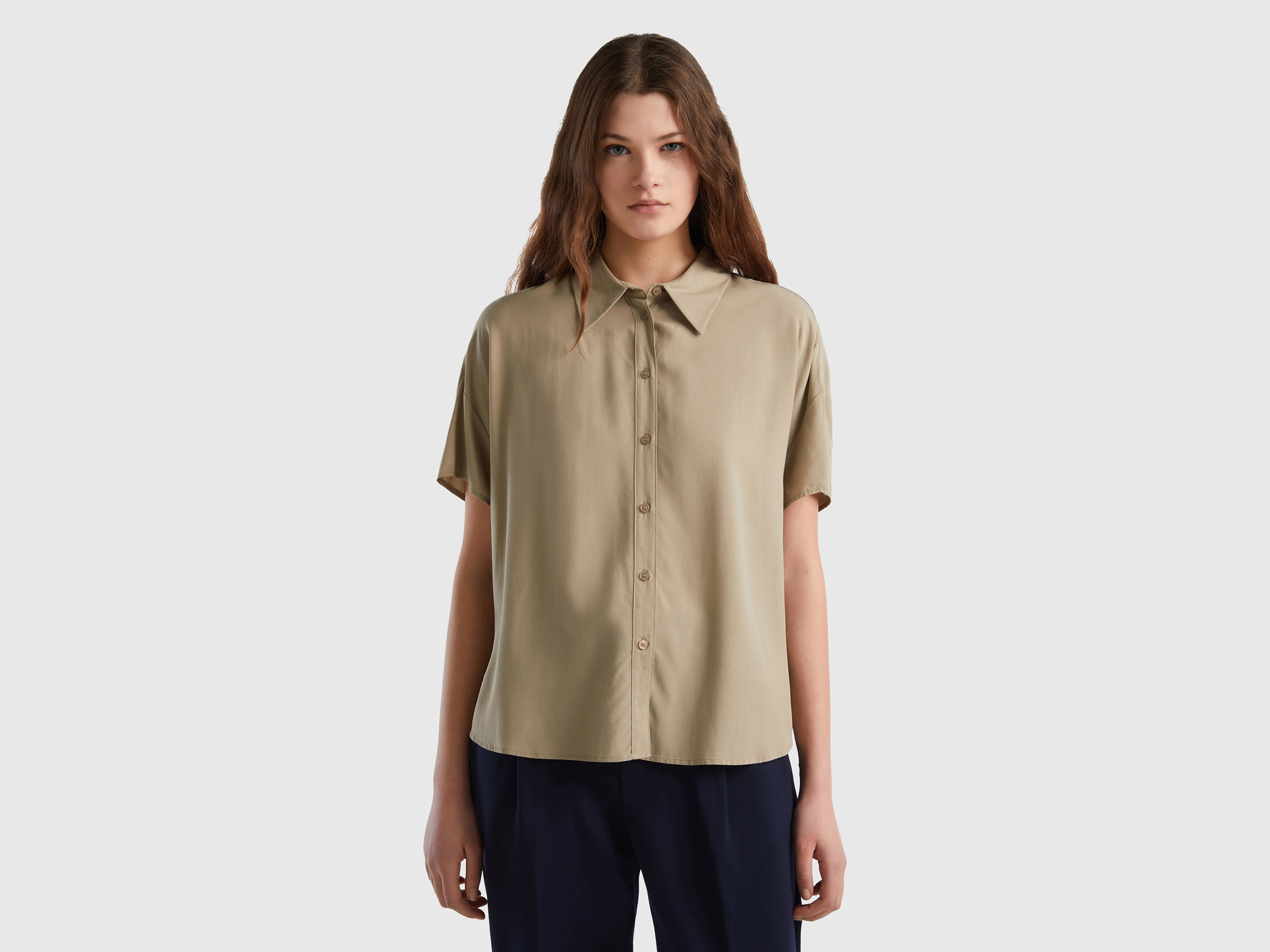 Benetton, Short Sleeve Shirt In Sustainable Viscose, size XXS, Light Green, Women