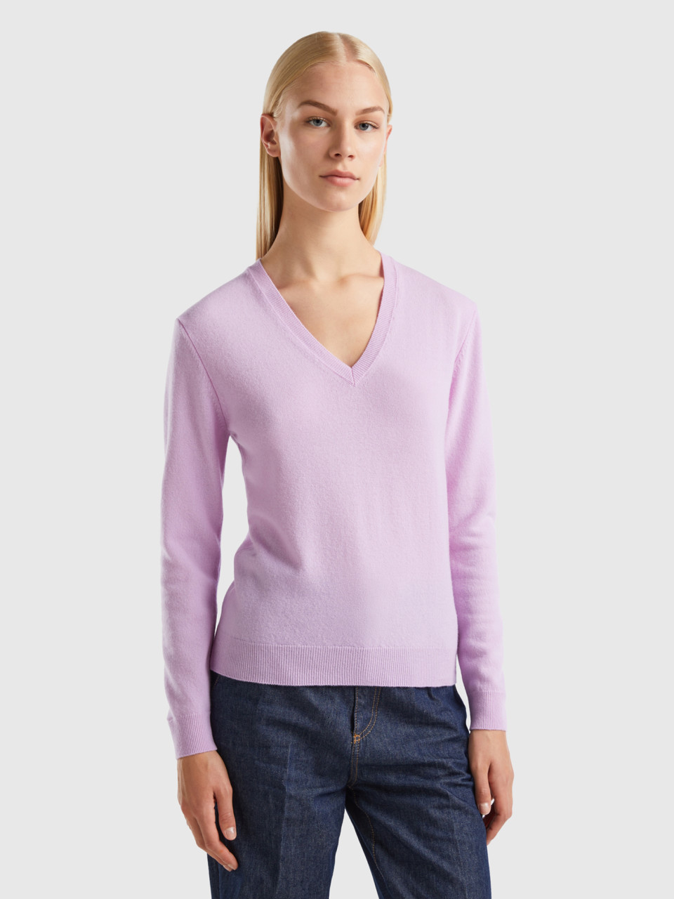Benetton, Lilac V-neck Sweater In Pure Merino Wool, Lilac, Women