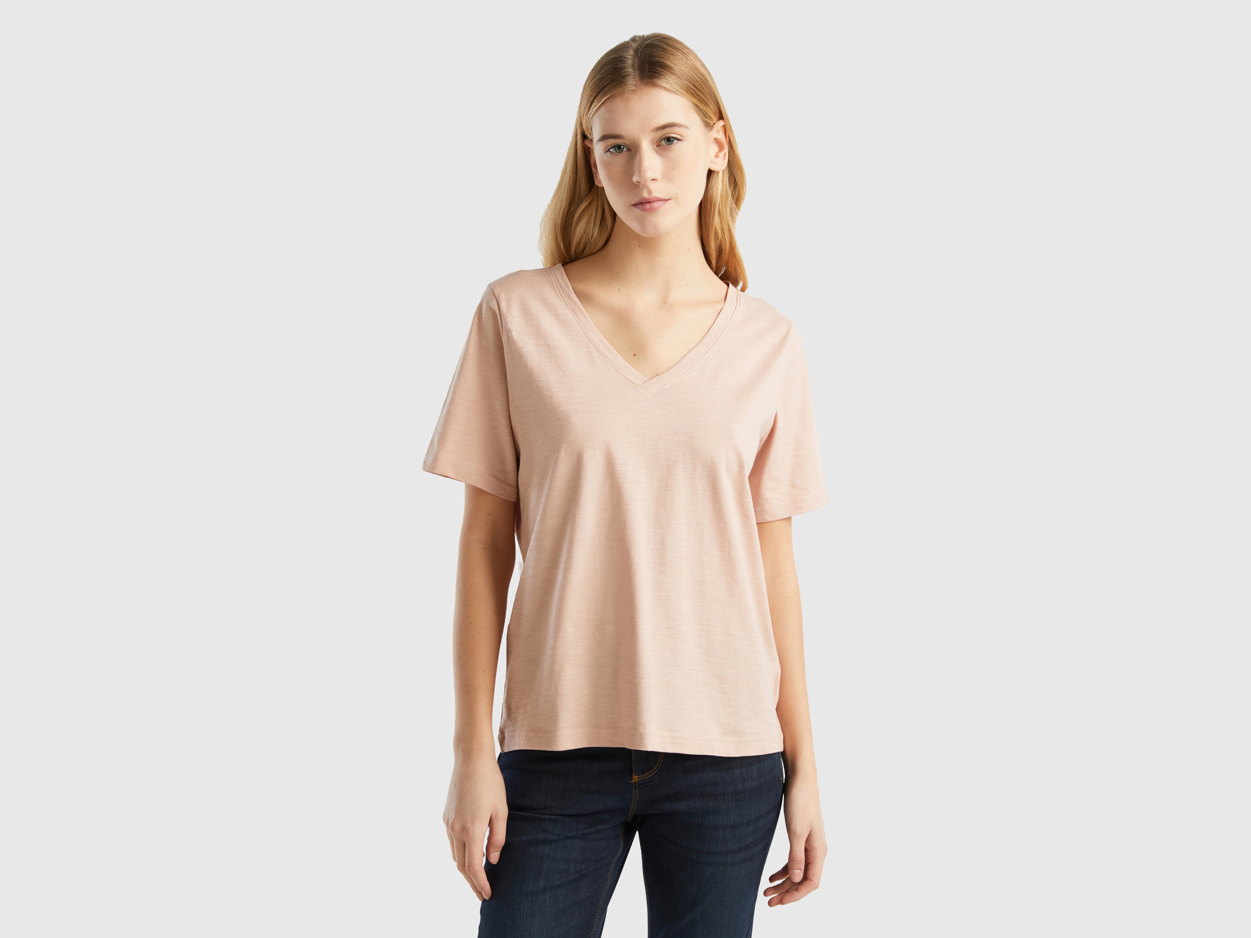 Benetton, V-neck T-shirt In Slub Cotton, size XS, Nude, Women