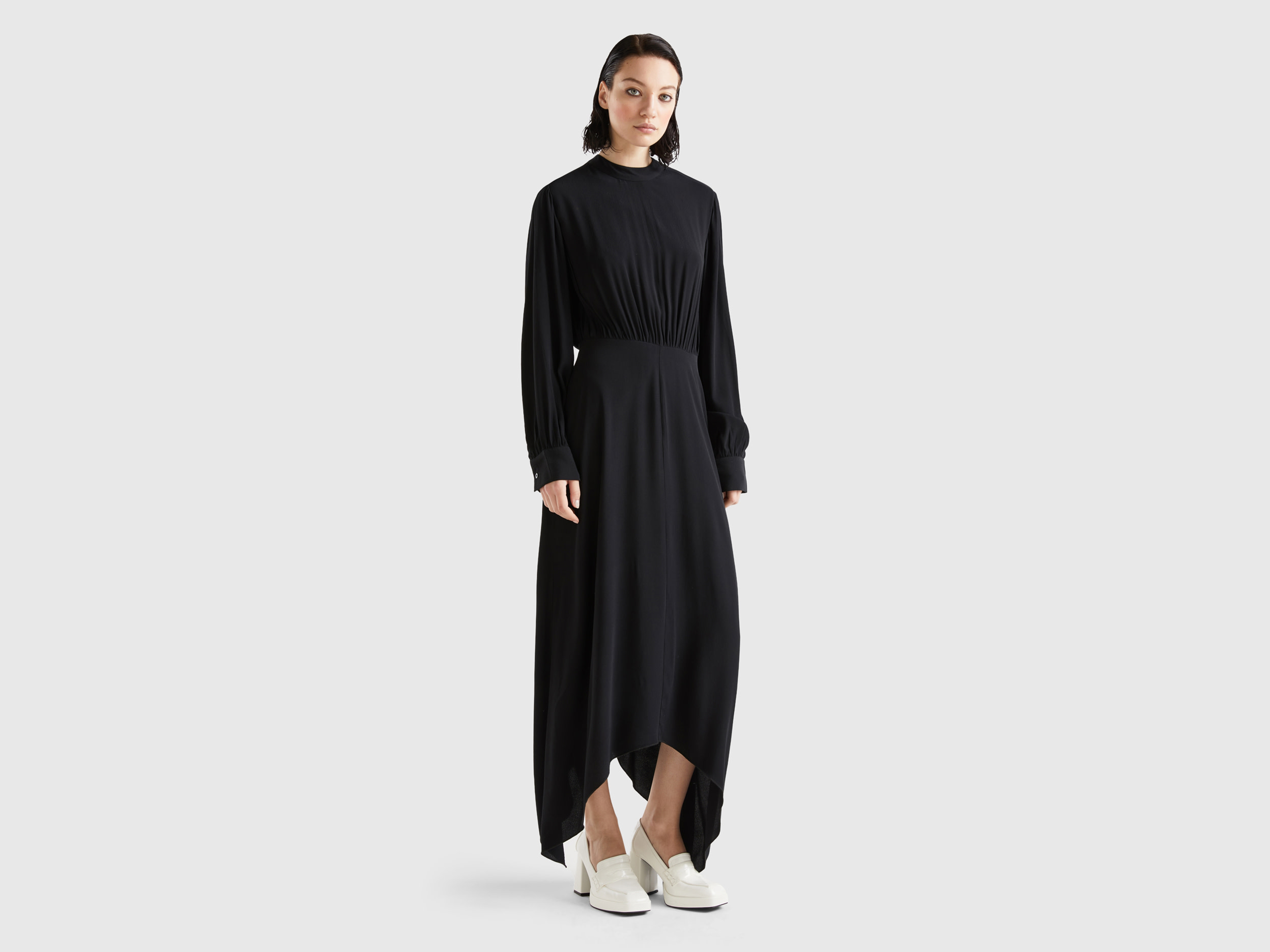 Benetton, Long Dress In Flowy Viscose, size S, Black, Women