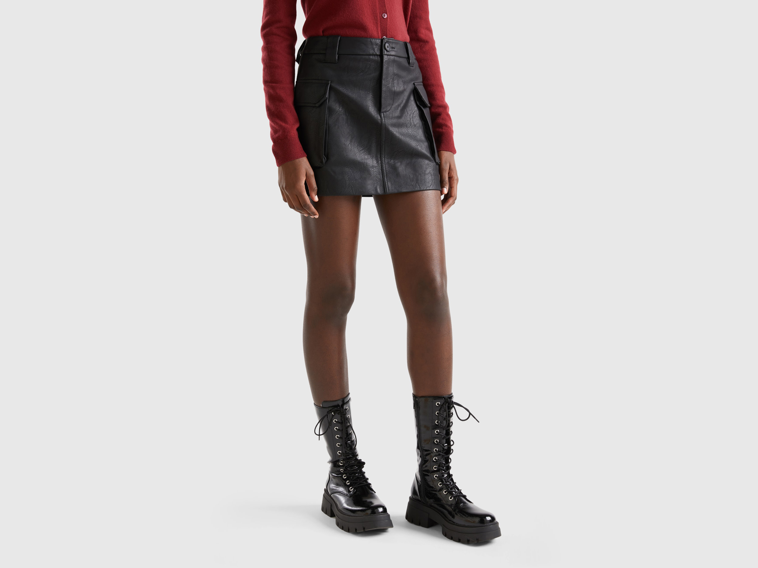 Benetton, Cargo Mini Skirt In Imitation Leather, size 14, Black, Women
