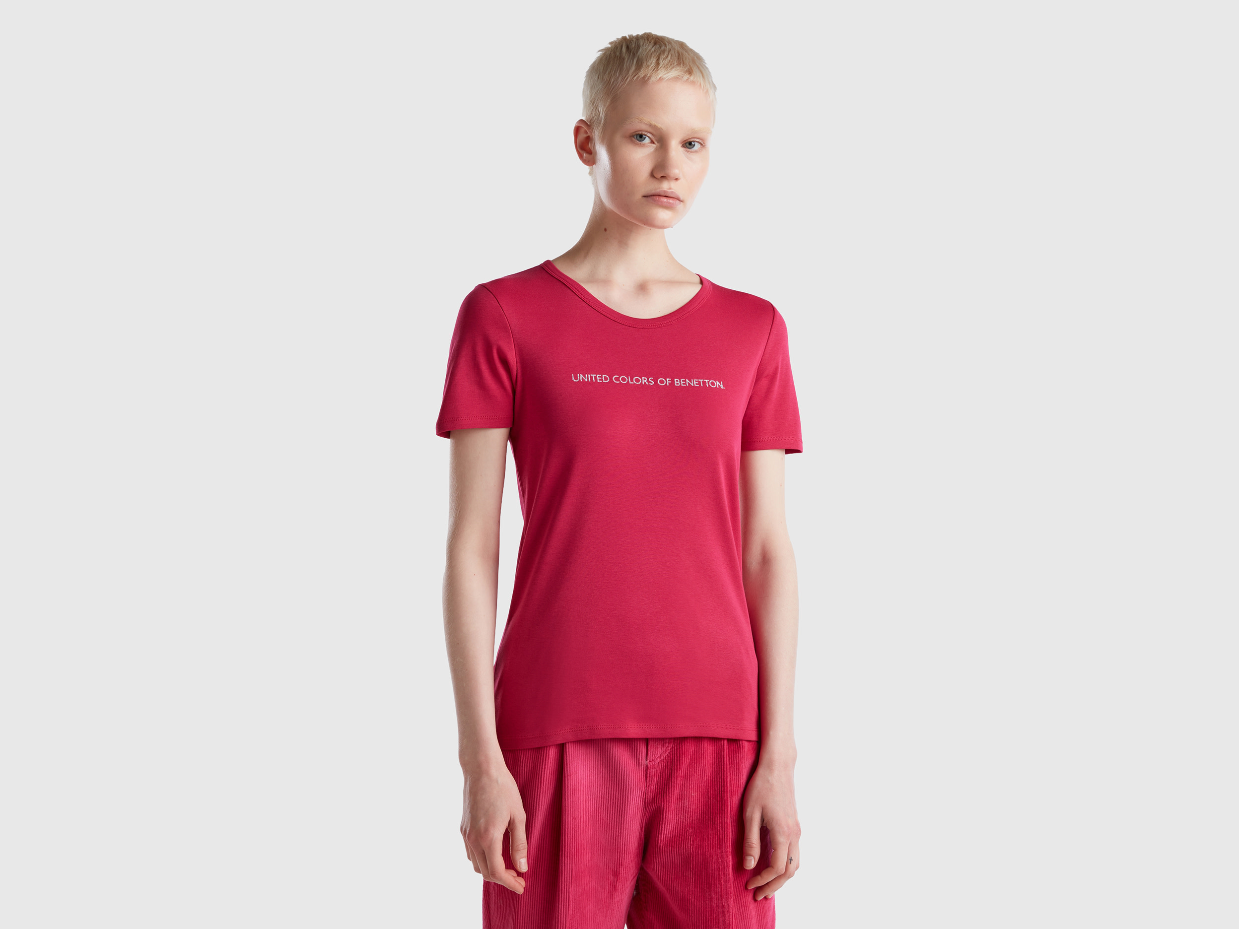 Benetton, T-shirt In 100% Cotton With Glitter Print Logo, size M, Cyclamen, Women