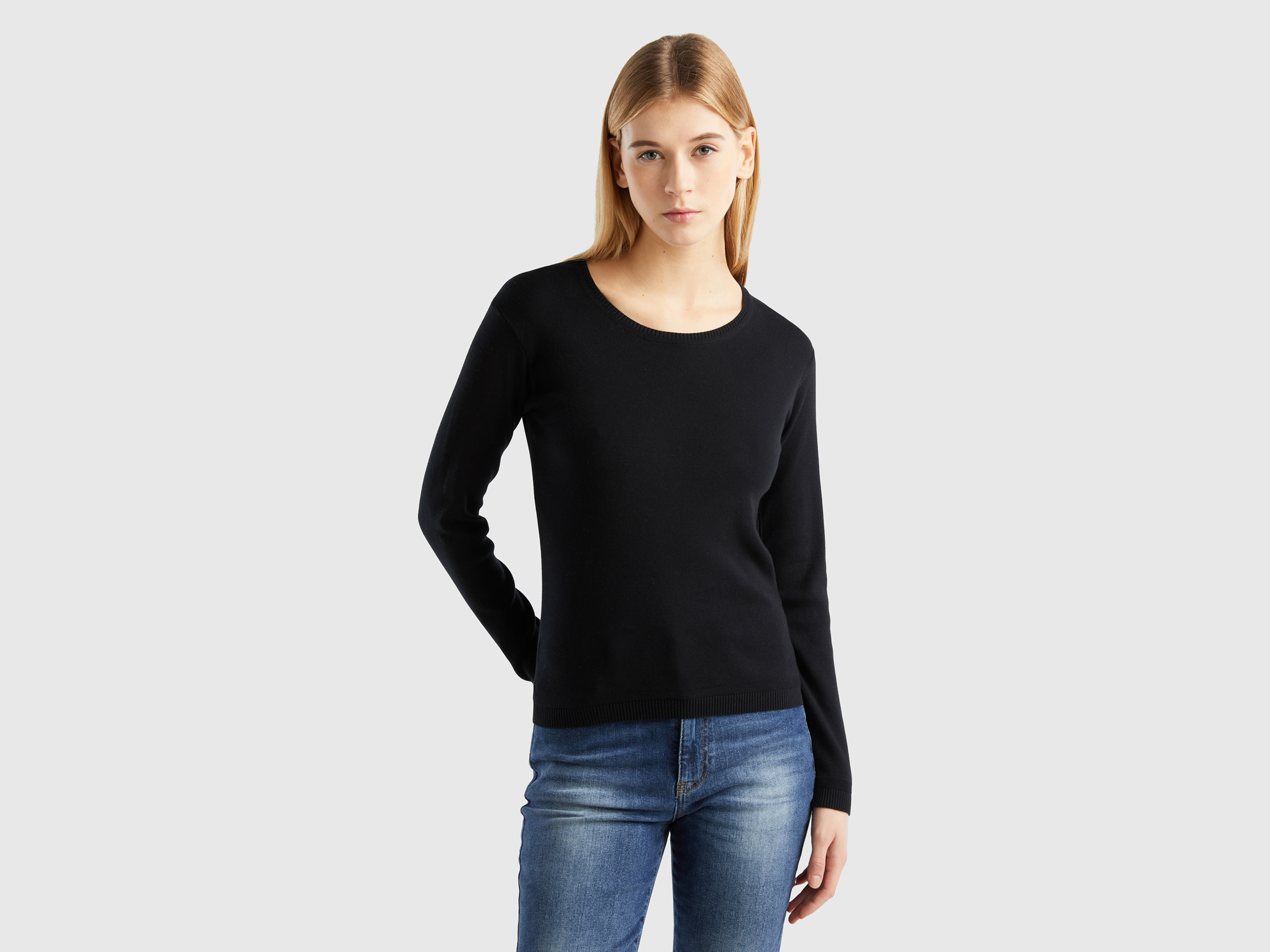 Benetton Online exclusive, Crew Neck Sweater In Pure Cotton, size XS, Black, Women