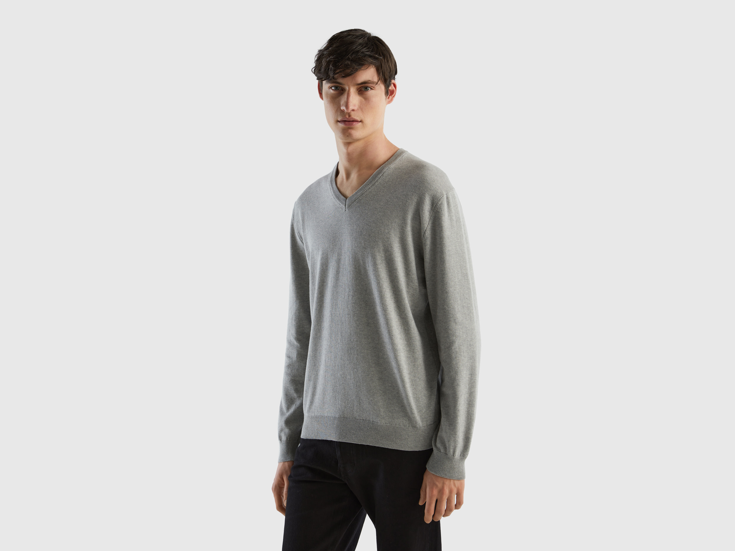 Benetton, V-neck Sweater In Pure Cotton, size L, Light Gray, Men