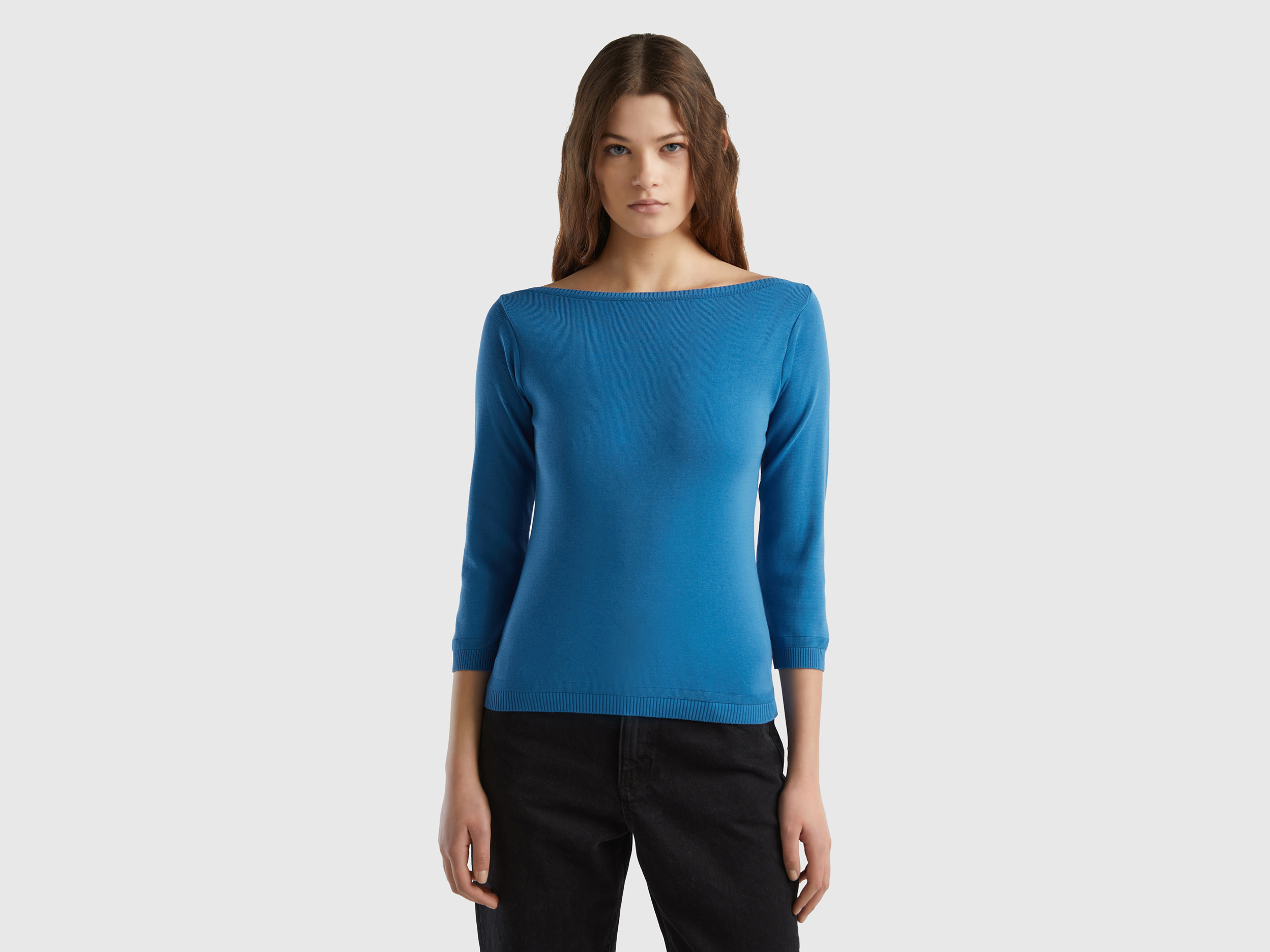 Benetton, 100% Cotton Boat Neck Sweater, size XS, Blue, Women