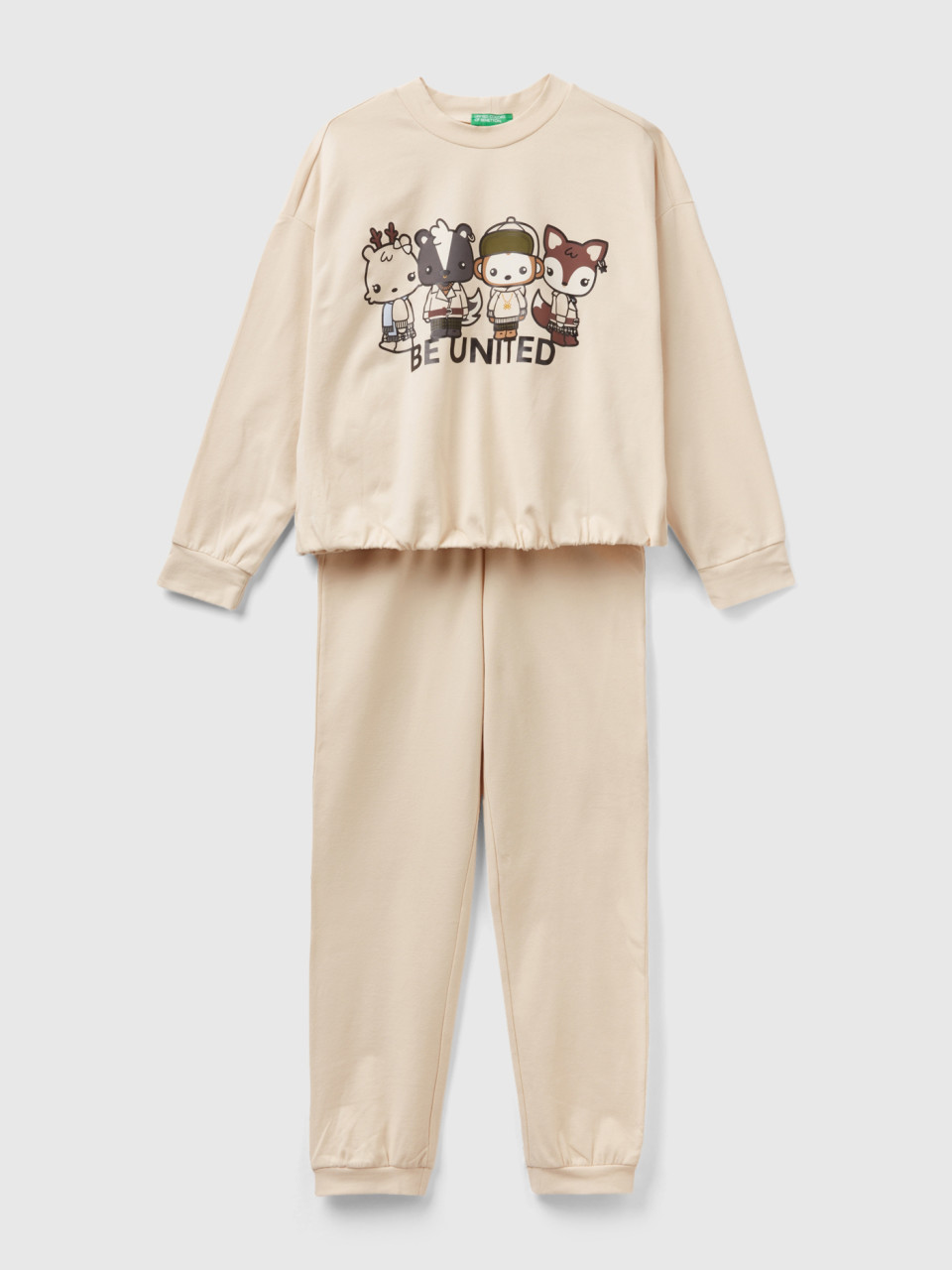 Benetton, Pyjama Mit Maskotte-print Und Cropped-shirt, Beige, female