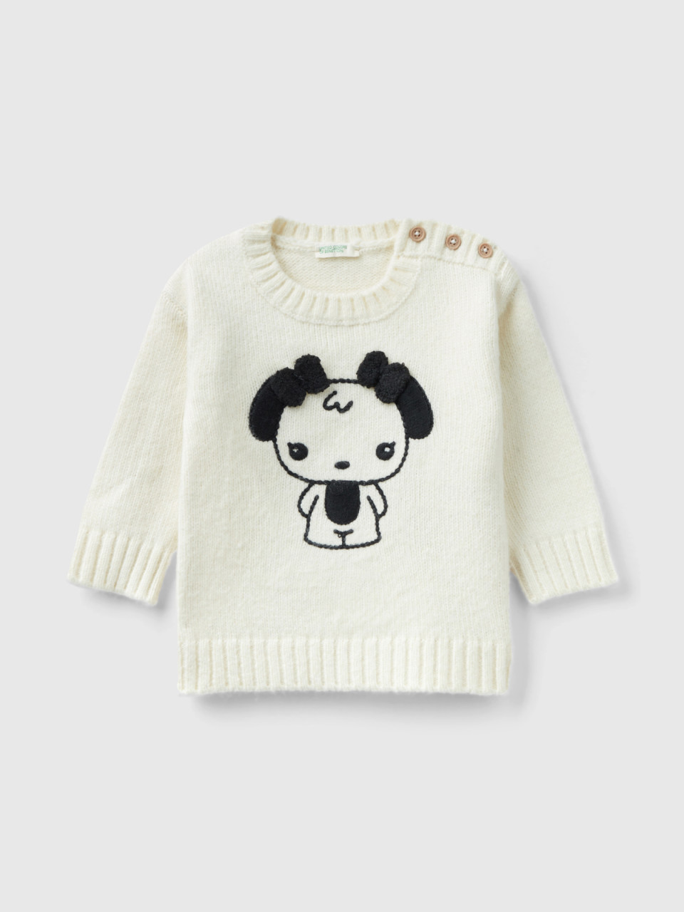Benetton, Sweater With Embroidery And Applique, Creamy White, Kids
