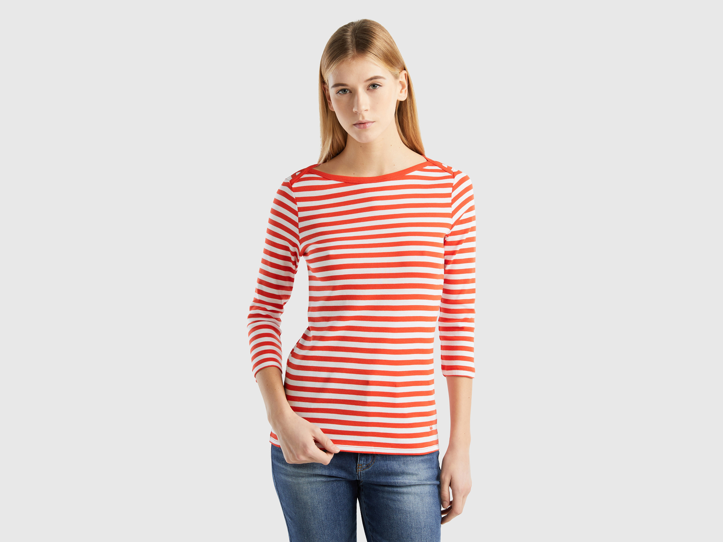 Benetton, Striped 3/4 Sleeve T-shirt In 100% Cotton, size L, , Women