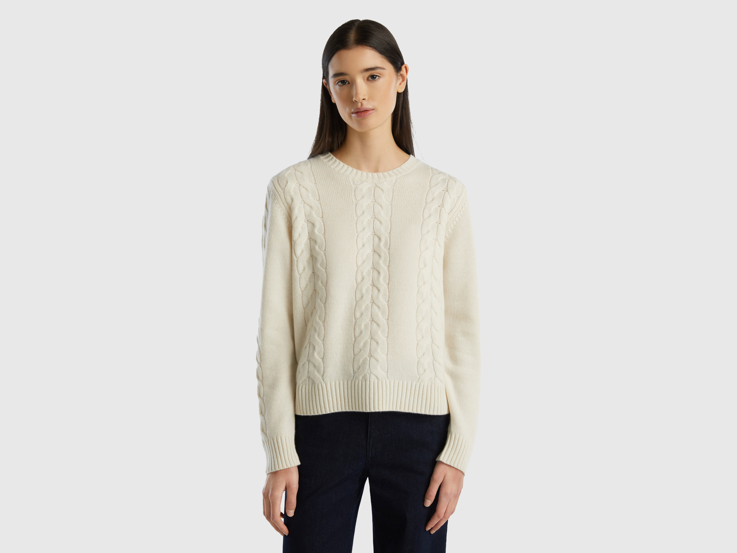 Benetton, Cable Knit Sweater In Pure Cashmere, size L, Creamy White, Women