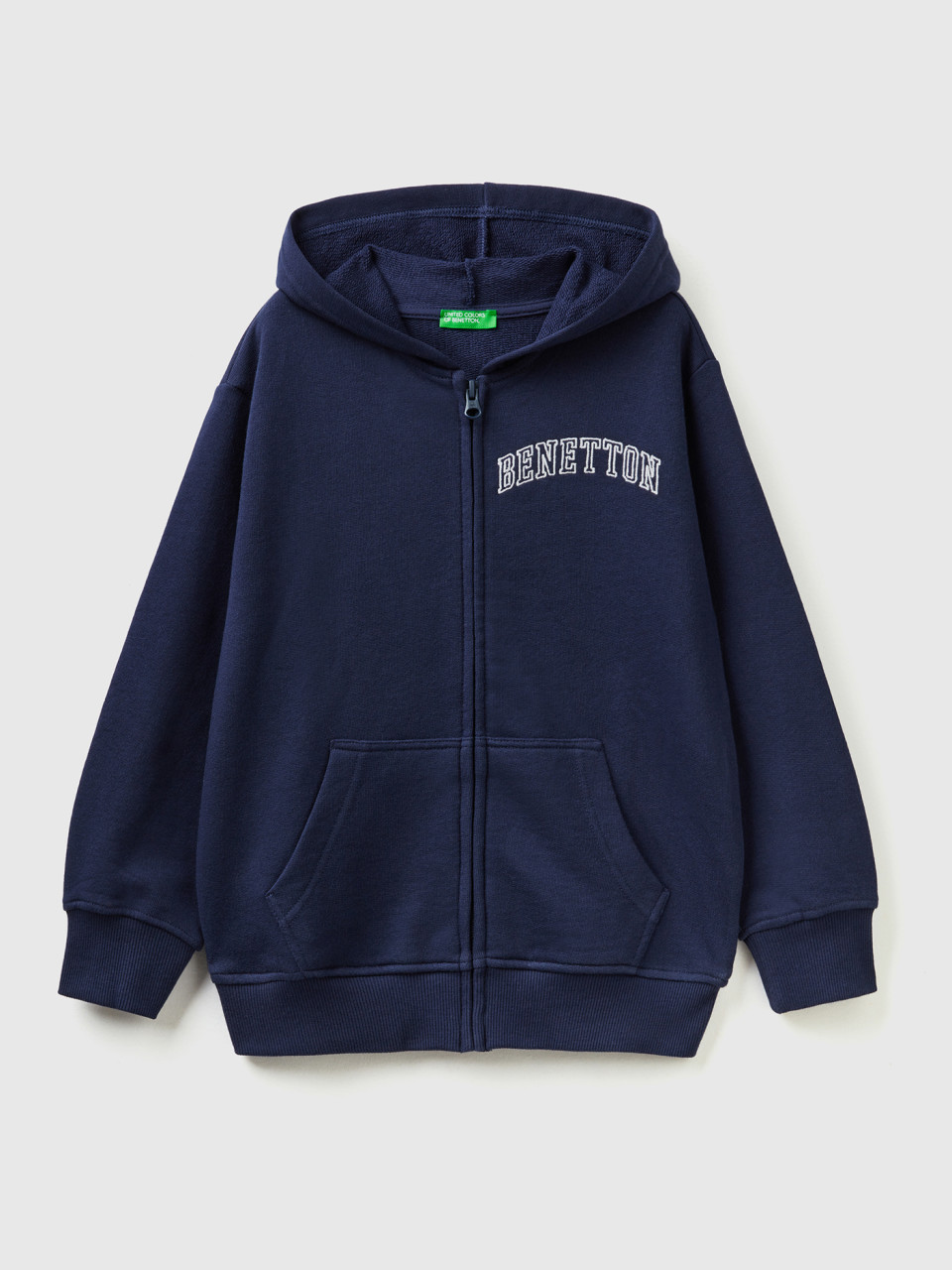 Benetton, Hoodie With Zip And Embroidered Logo, Dark Blue, Kids