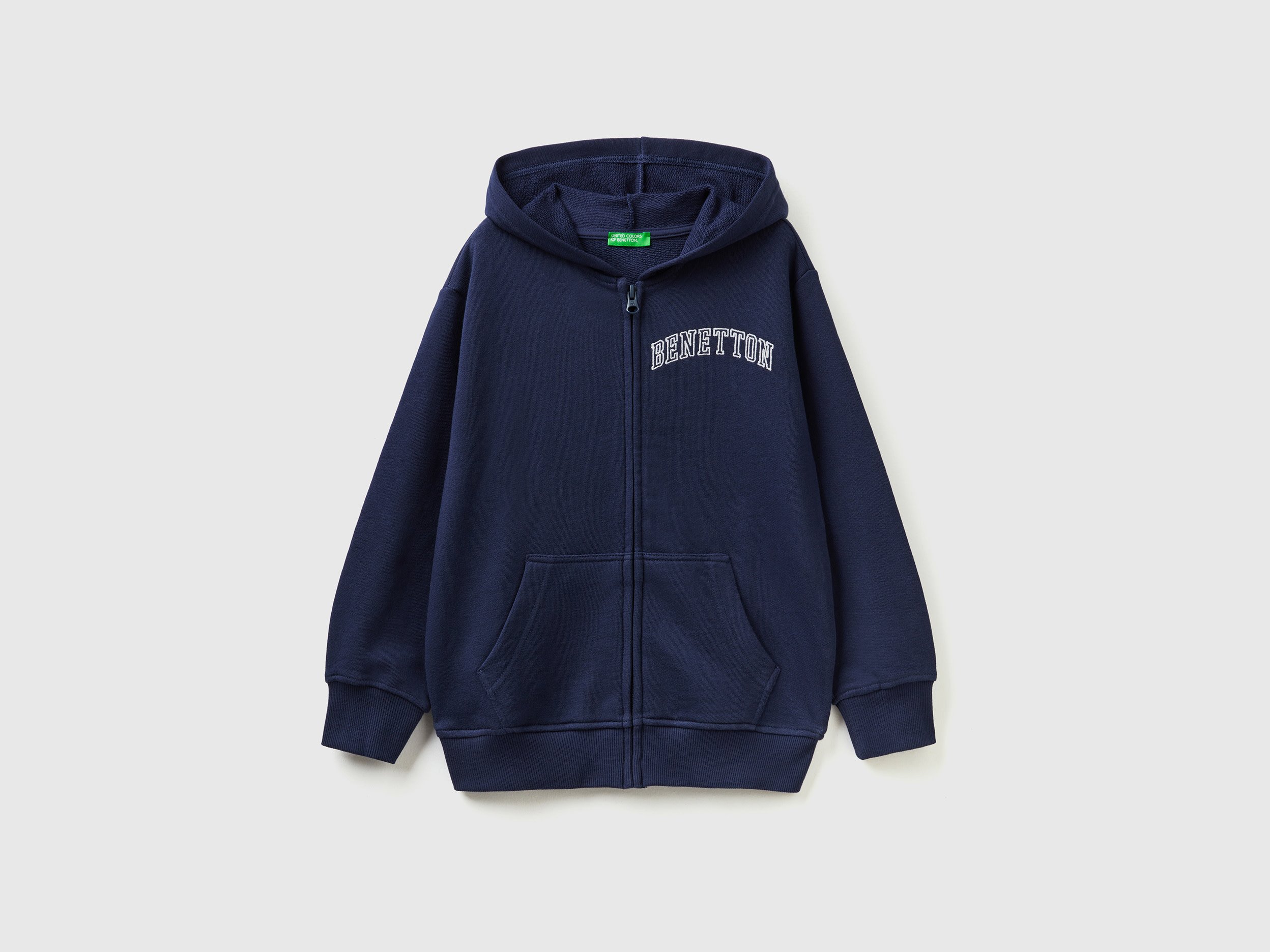 Benetton, Hoodie With Zip And Embroidered Logo, size S, Dark Blue, Kids