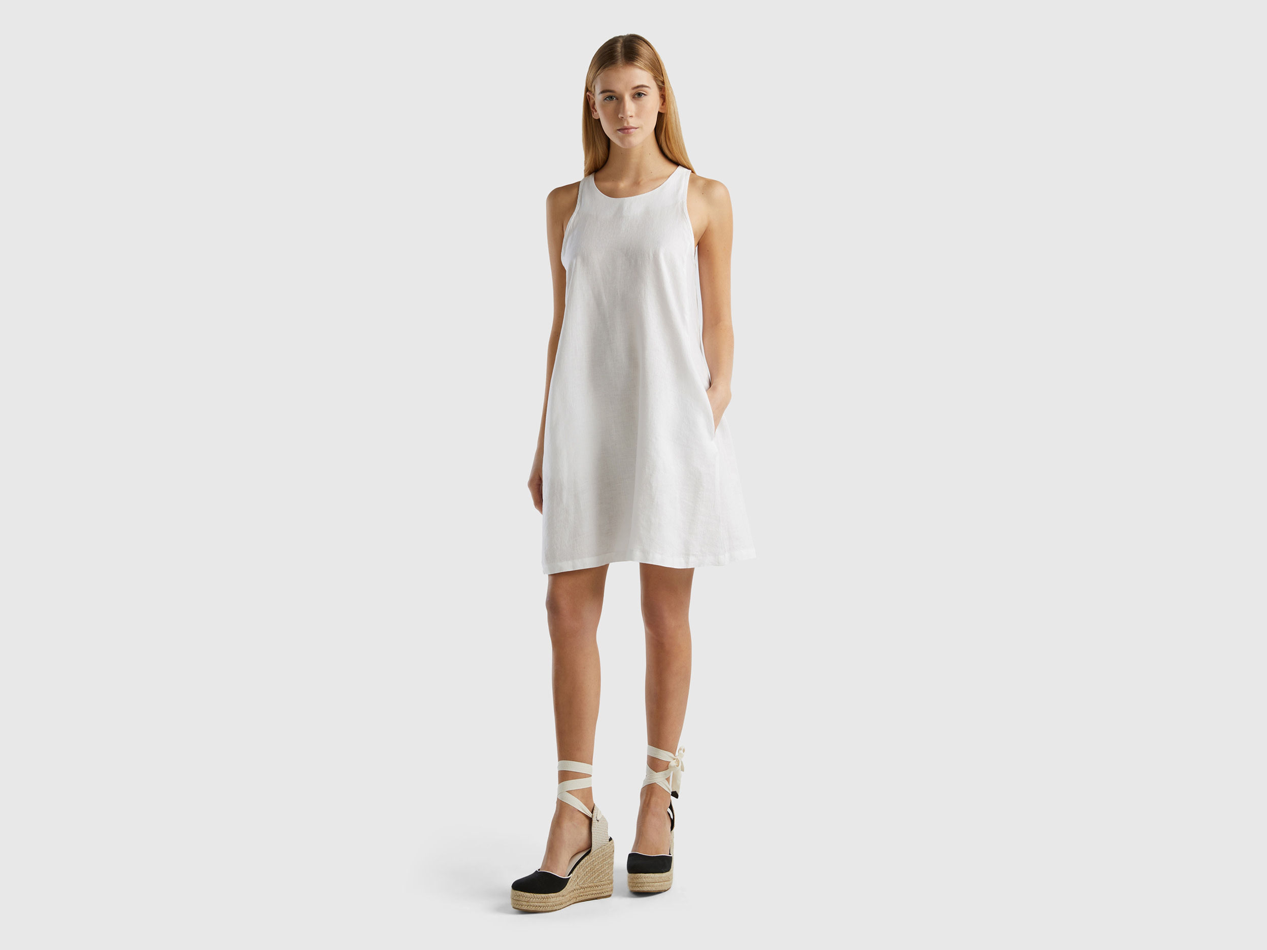 Benetton, Sleeveless Dress In Pure Linen, size XL, White, Women