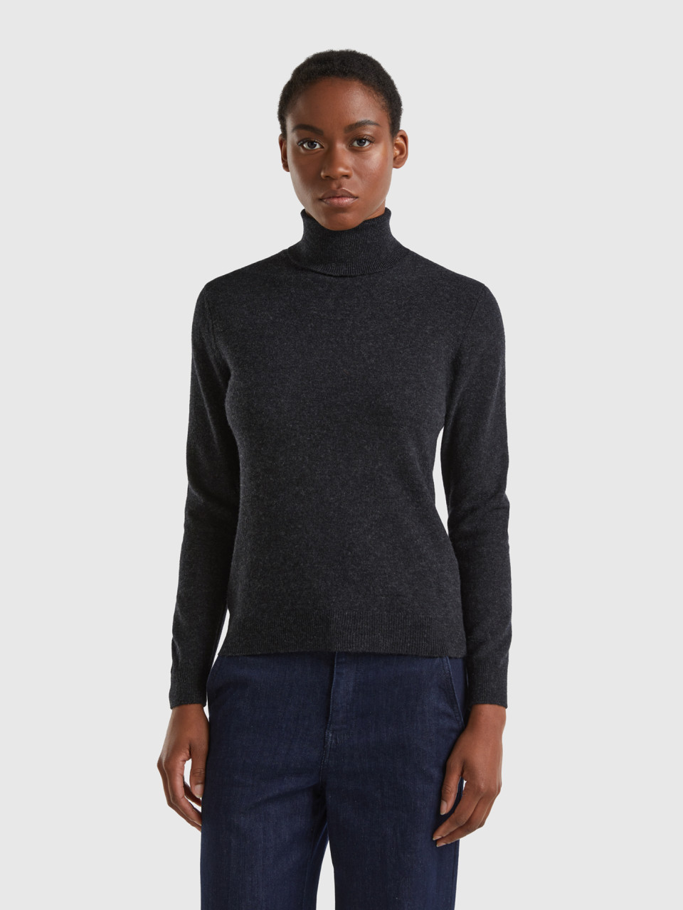 Benetton, Charcoal Gray Turtleneck Sweater In Pure Merino Wool, Dark Gray, Women